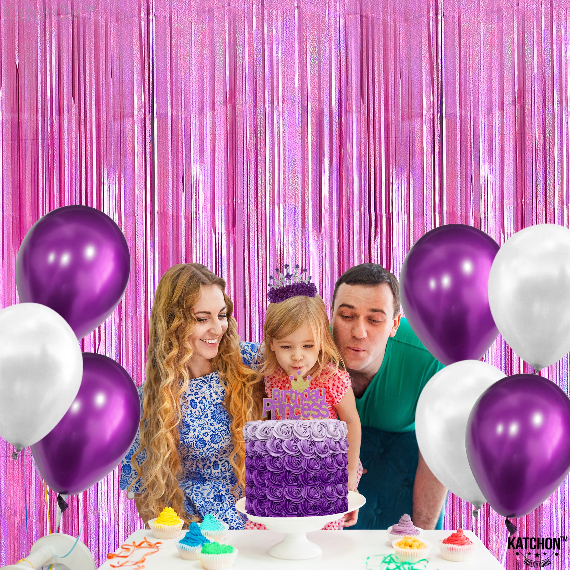 KatchOn Iridescent Pink Backdrop Curtain - XtraLarge 3.2x8 Feet, Pack of 2 | Pink Streamers for Pink Party Decorations | Pink Fringe Backdrop for Valentines Day Decorations, Galentines Day Decorations