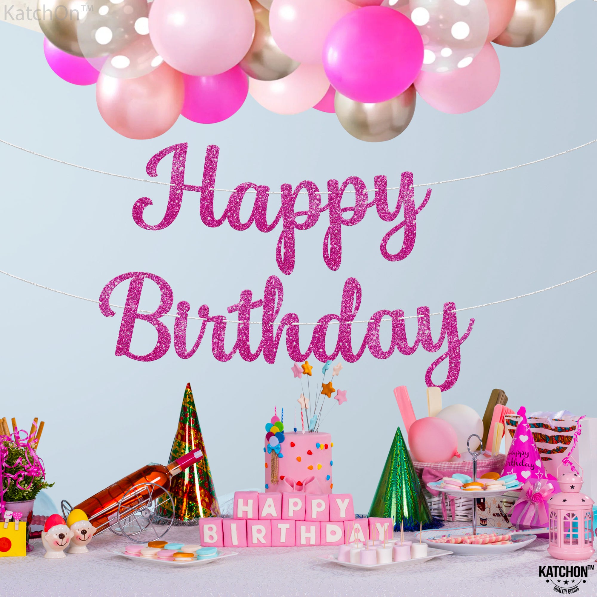 KatchOn Glitter Hot Pink Happy Birthday Banner - 10 Feet | Cursive Letters, Birthday Decorations | Backdrop for Pink Party Decorations