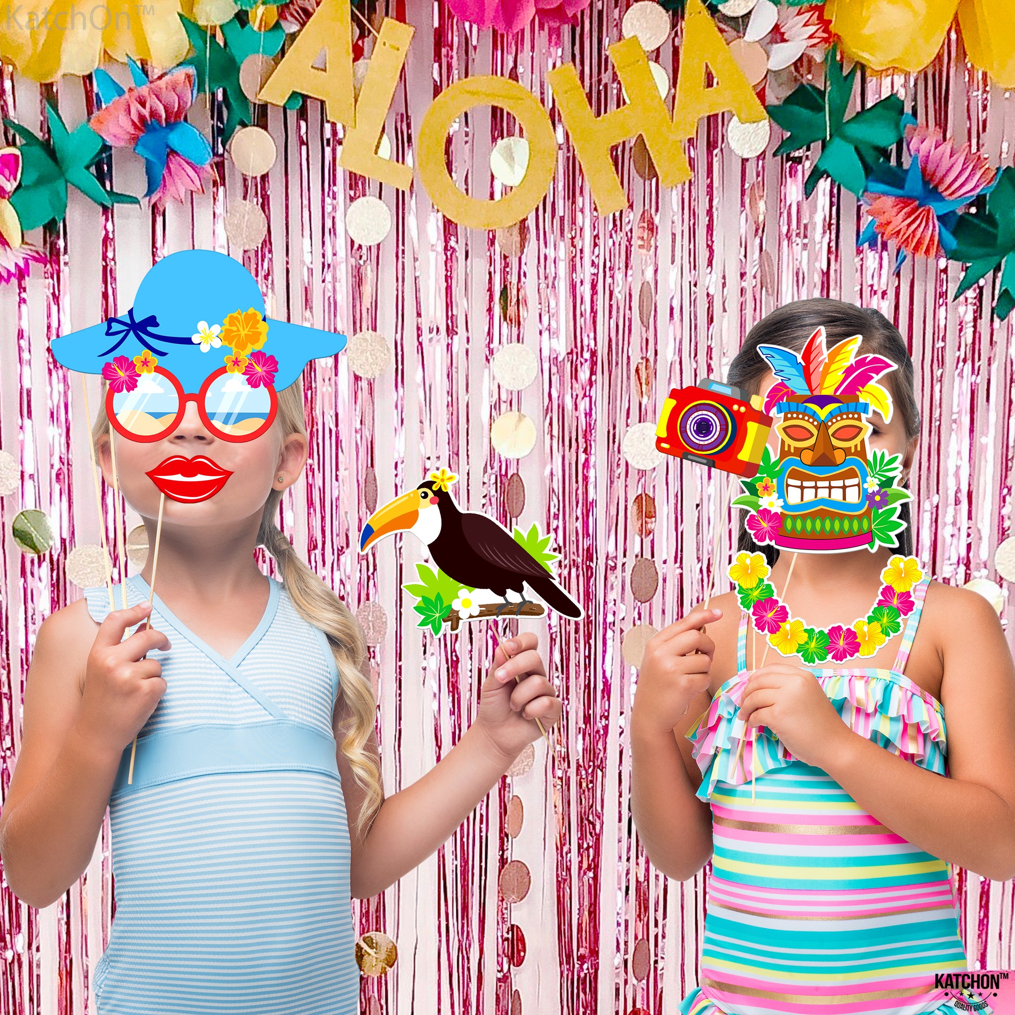 KatchOn, Tropical Hawaiian Photo Booth Props - Pack of 50, Luau Party Decorations | Luau Photo Booth Props for Hawaiian Party Decorations | Luau Photo Props, Hawaiian Props for Aloha Party Decorations