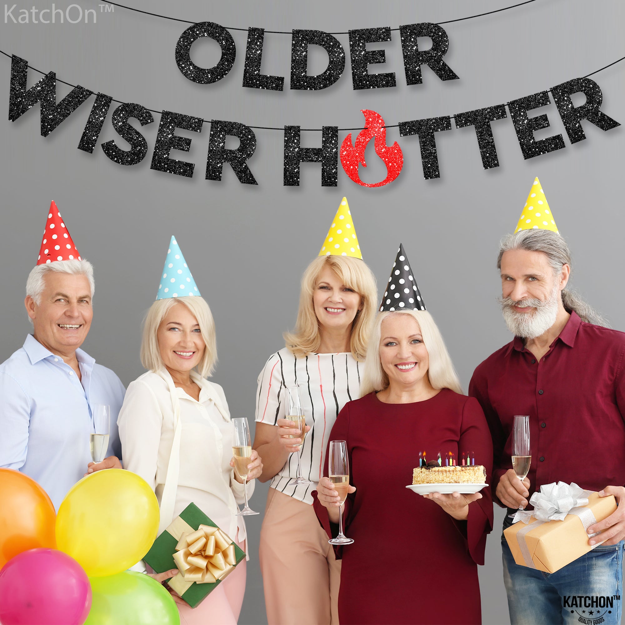 KatchOn Older Wiser Hotter Glitter Black Banner - 10 Feet, Reusable, Adult Birthday Decorations