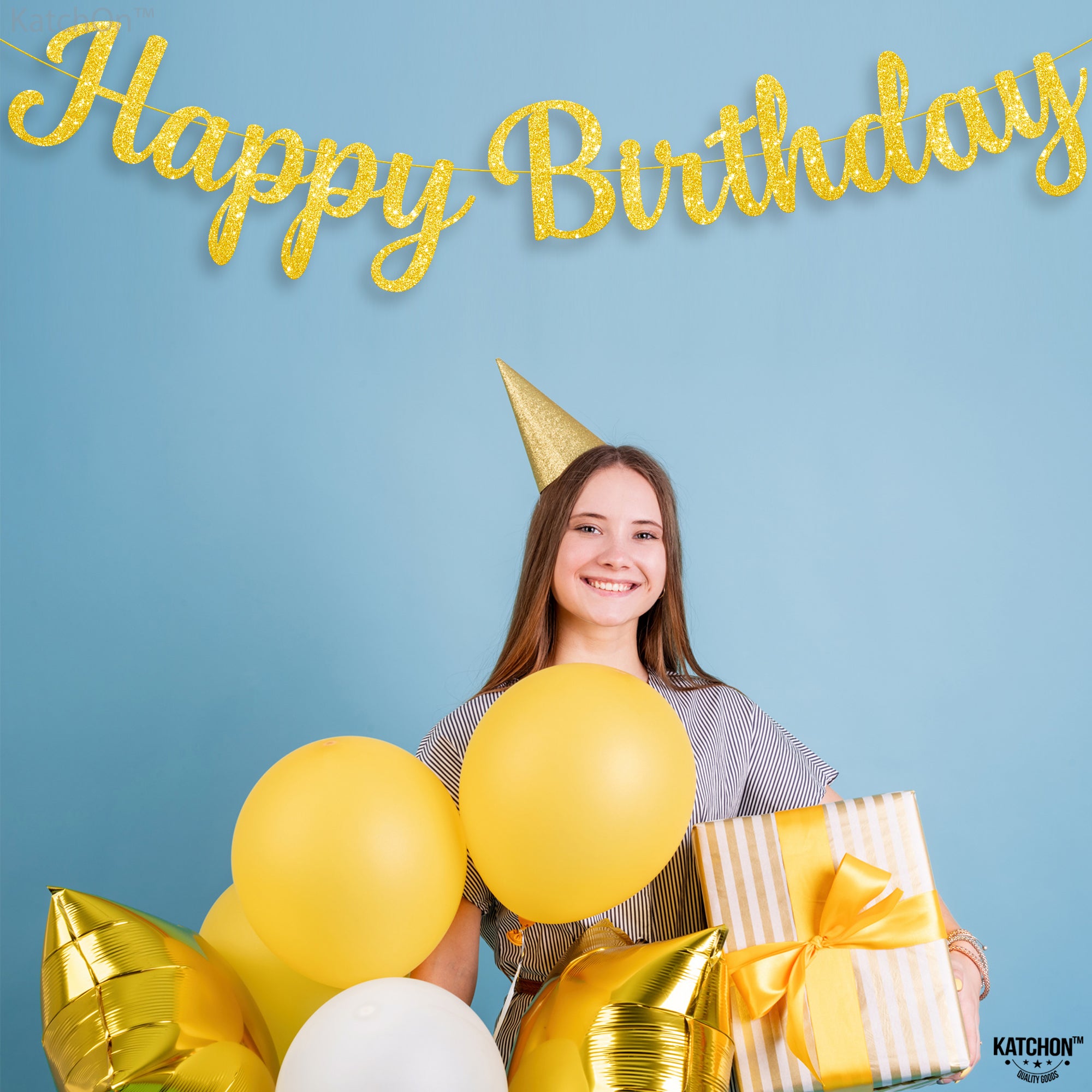 KatchOn, Cursive Glitter Gold Happy Birthday Banner - Pre-Strung, 10 Feet, No DIY | Real Gold Birthday Party Decorations | Gold Happy Birthday Sign for Girls, Gold Happy Birthday Decorations for Women