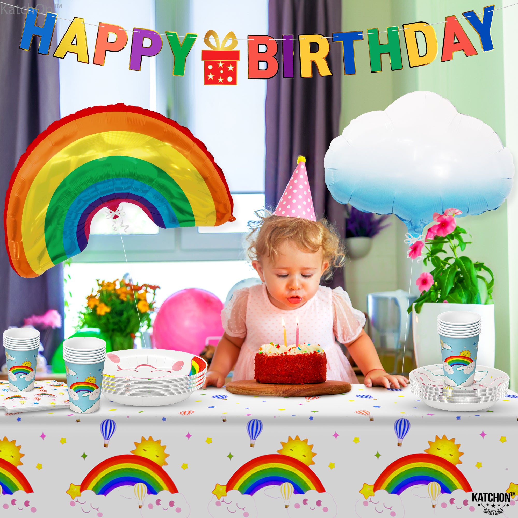 KatchOn, Rainbow Birthday Party Decorations - Huge Pack of 105, Serve 25 | Rainbow Happy Birthday Banner for Rainbow Unicorn Birthday Decorations | Cloud Foil Balloons for Rainbow Party Decorations