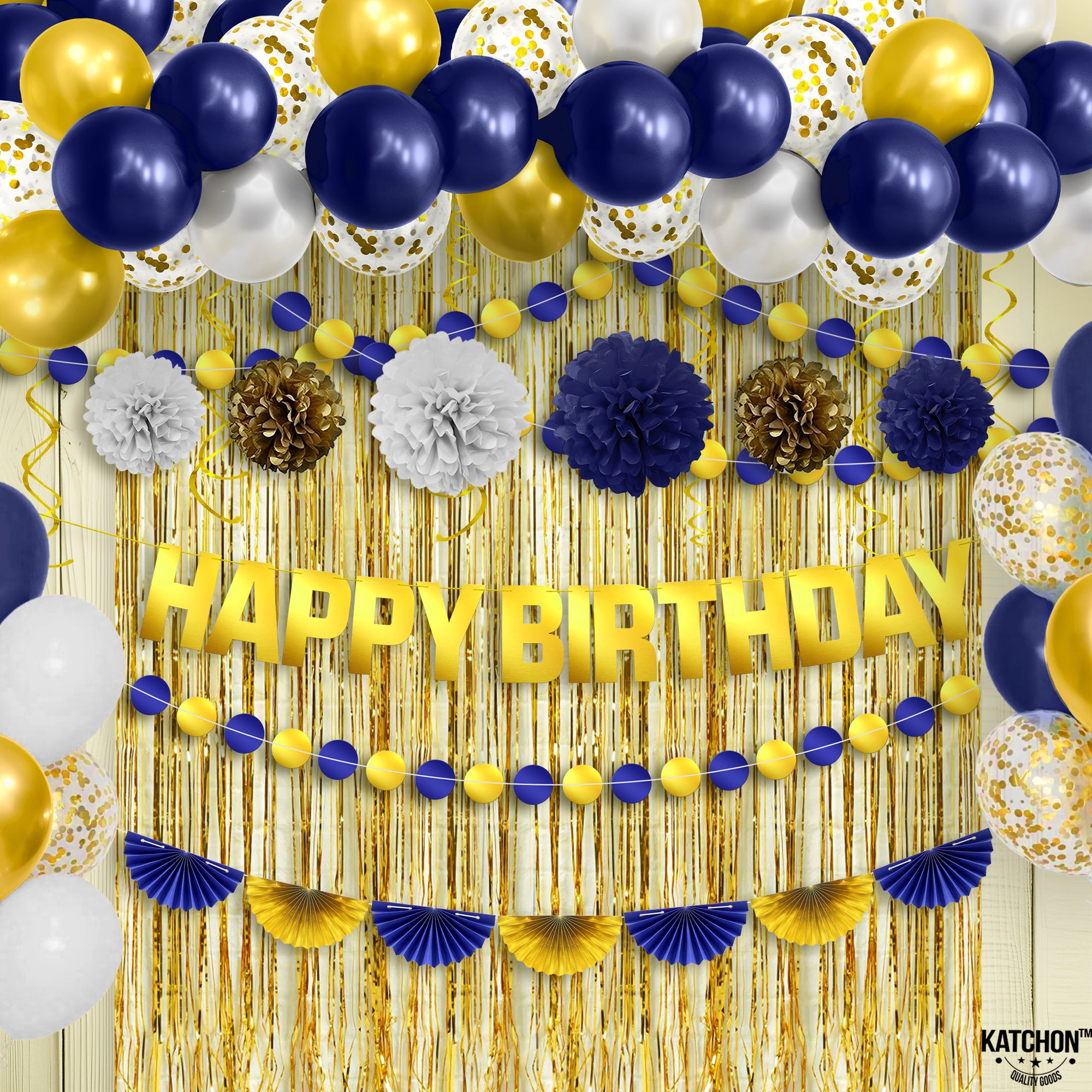 KatchOn, Blue and Gold Birthday Decorations Set - Pack of 47 | Happy Birthday Decorations for Men | Blue and Gold Party Decorations | Happy Birthday Banner | Happy Birthday Decorations Blue and Gold