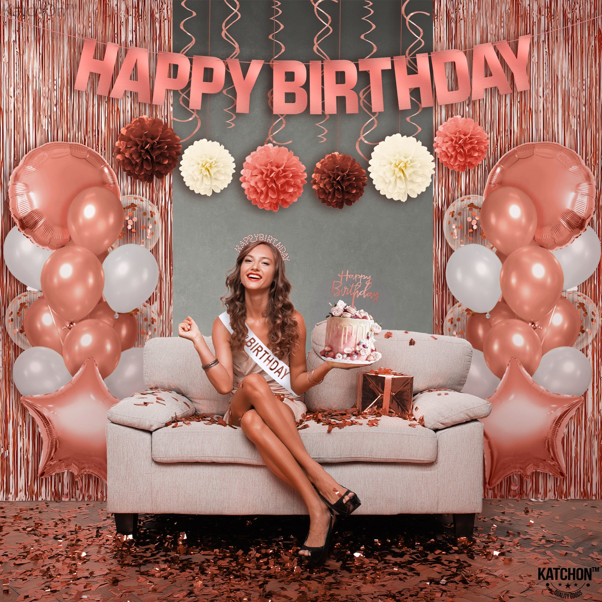 KatchOn, Rose Gold Birthday Decorations Set - Pack of 47 | Rose Gold Fringe Curtain, Happy Birthday Decorations Rose Gold Balloons | Happy Birthday Banner, Rose Gold Birthday Decorations for Women