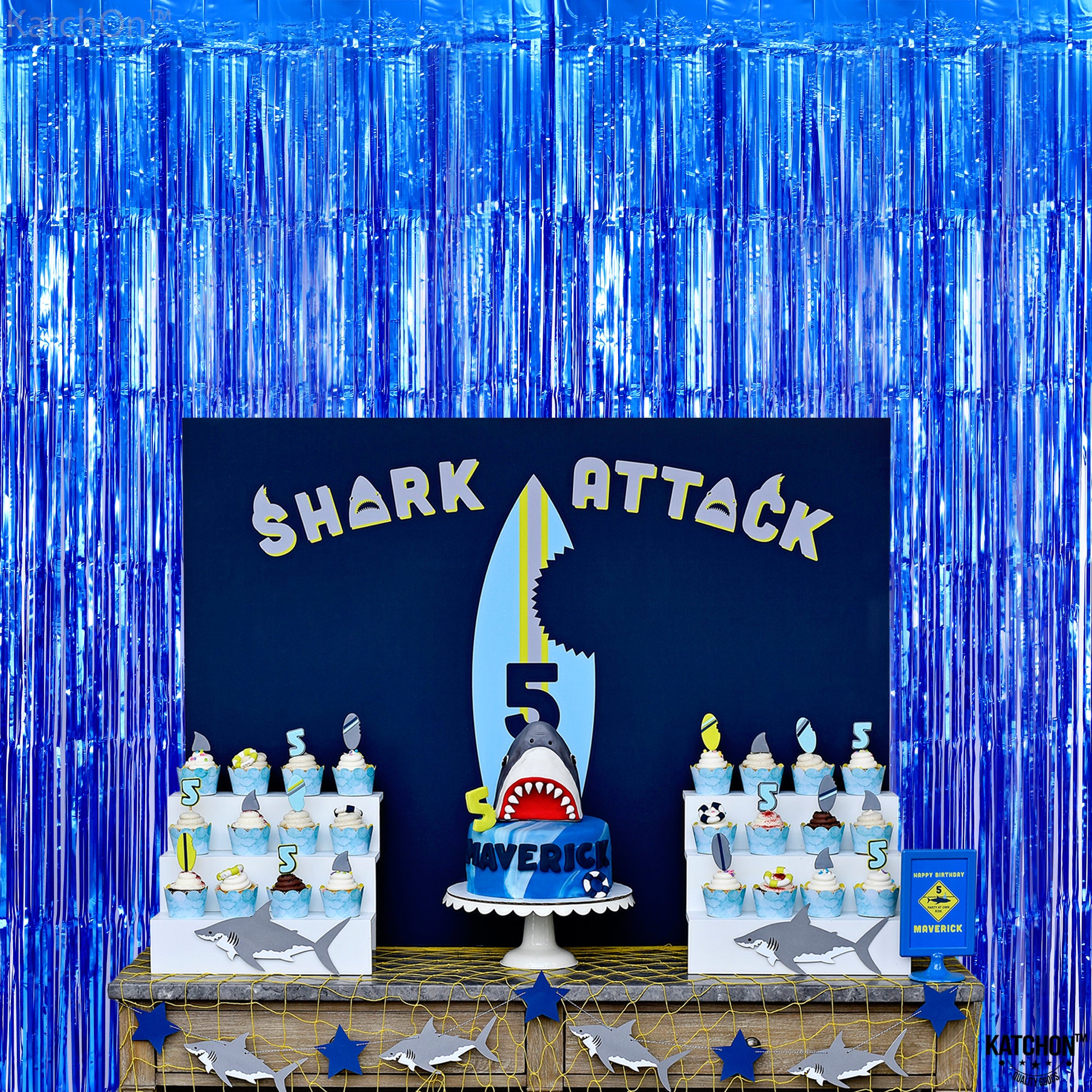 KatchOn, Metallic Blue Backdrop Curtain - 3.2x6.5 Feet, Pack of 2 | Blue Streamers Party Decorations | Blue Fringe Curtain for Under The Sea Party Decorations | Ocean Decorations, Blue Party Supplies