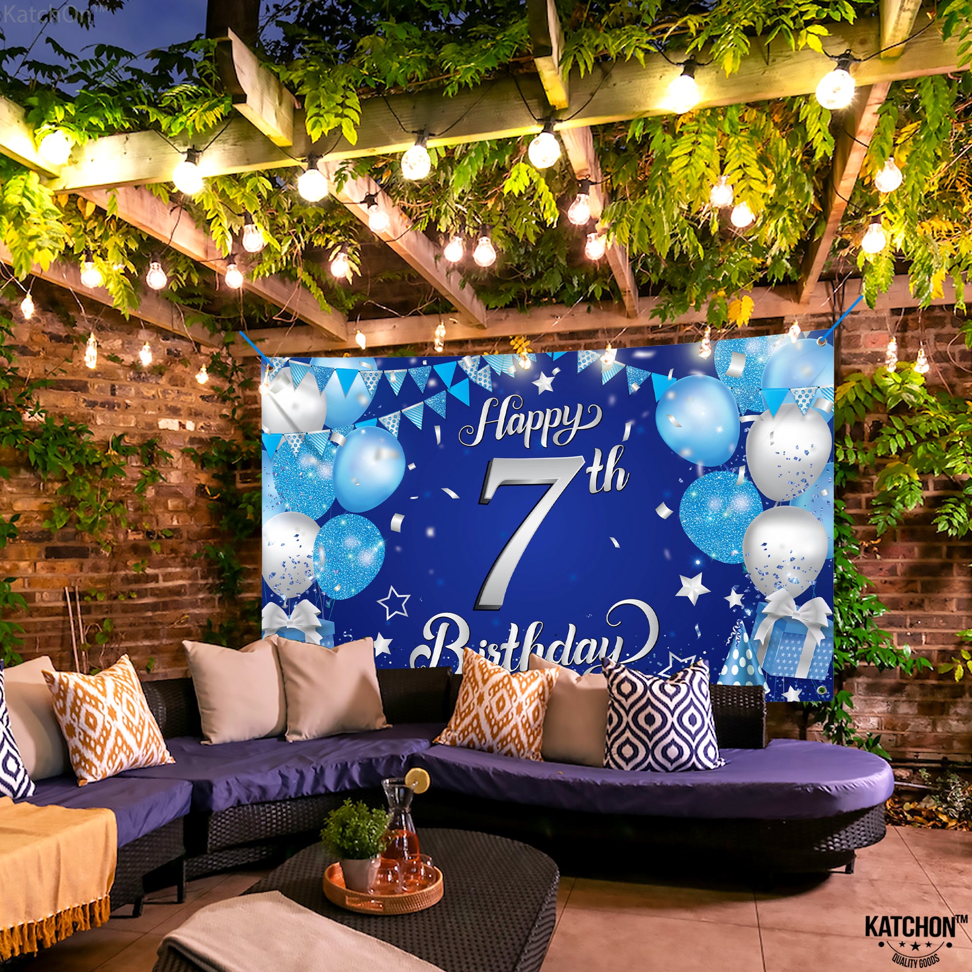KatchOn, XtraLarge, Happy 7th Birthday Banner - 72x44 Inch | Blue and Silver Happy Birthday Banner, Happy 7th Birthday Decorations for Boys | 7th Birthday Backdrop, 7 Year Old Boy Birthday Decorations