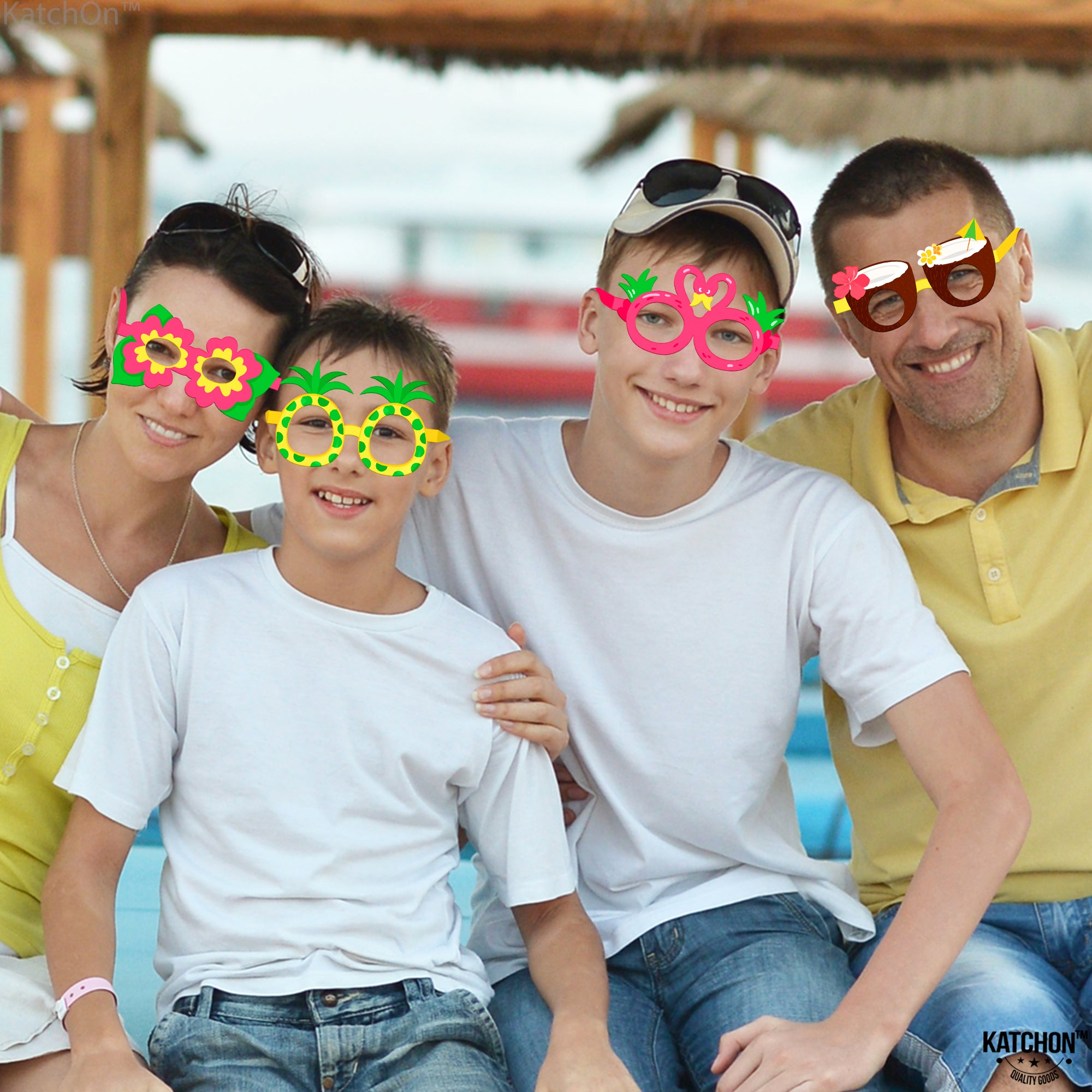 KatchOn, Hawaiian Luau Party Glasses - Pack of 12 | Luau Photo Booth Props, Luau Party Decorations | Luau Glasses for Hawaiian Party Decorations | Hawaiian Glasses for Beach Themed Party Decorations