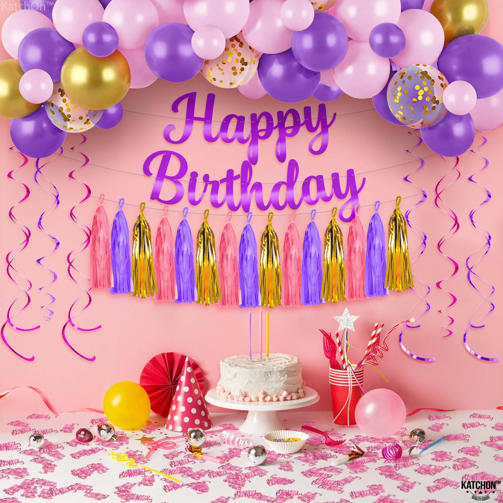 KatchOn, Pink and Purple Birthday Decorations - Huge, Pack of 66 | Purple Happy Birthday Banner | Pink, Purple and Gold Tassel Garland | Birthday Party Decorations Purple | Girl Birthday Decorations