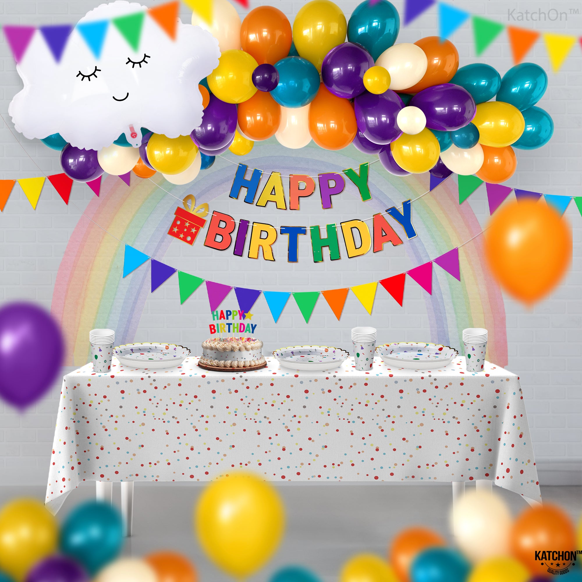 KatchOn, Rainbow Happy Birthday Decorations - 149 Pcs, Serve 25 | Rainbow Party Supplies | Rainbow Birthday Decorations | Happy Birthday Banner | Rainbow Birthday Party Decorations | Rainbow Party Kit