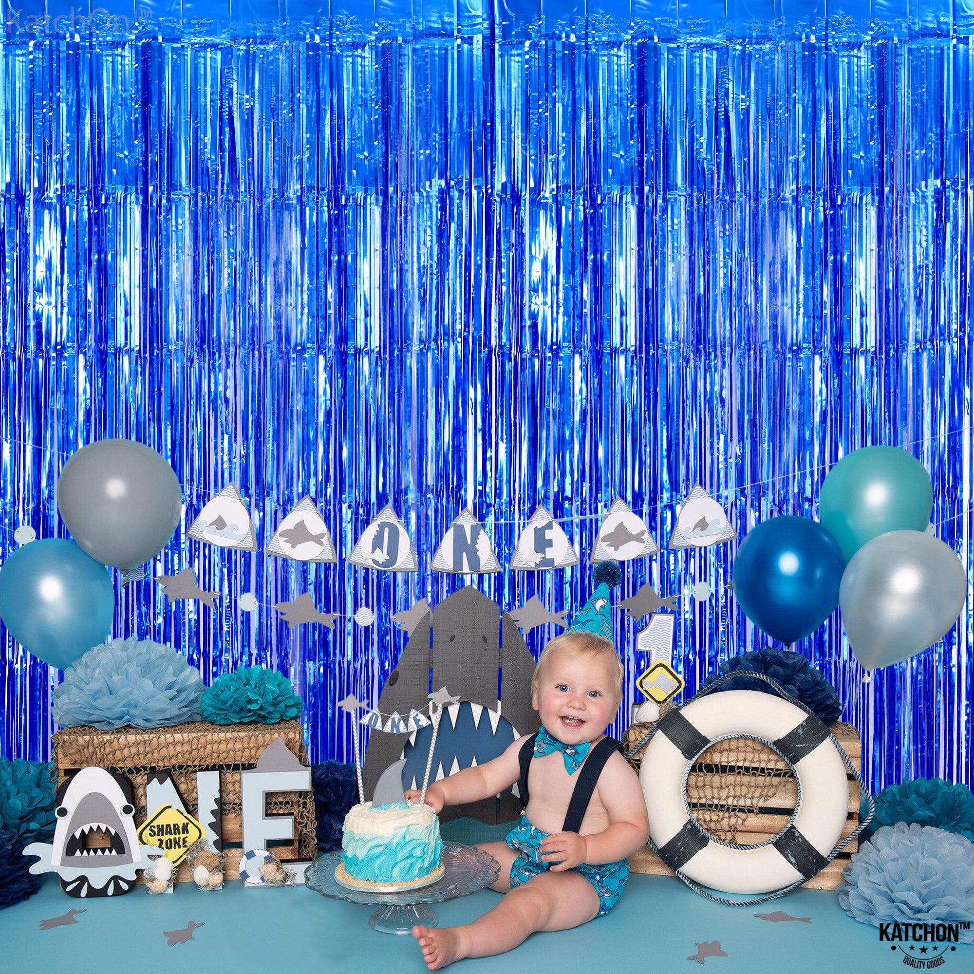 KatchOn, Metallic Blue Backdrop Curtain - 3.2x6.5 Feet, Pack of 2 | Blue Streamers Party Decorations | Blue Fringe Curtain for Under The Sea Party Decorations | Ocean Decorations, Blue Party Supplies