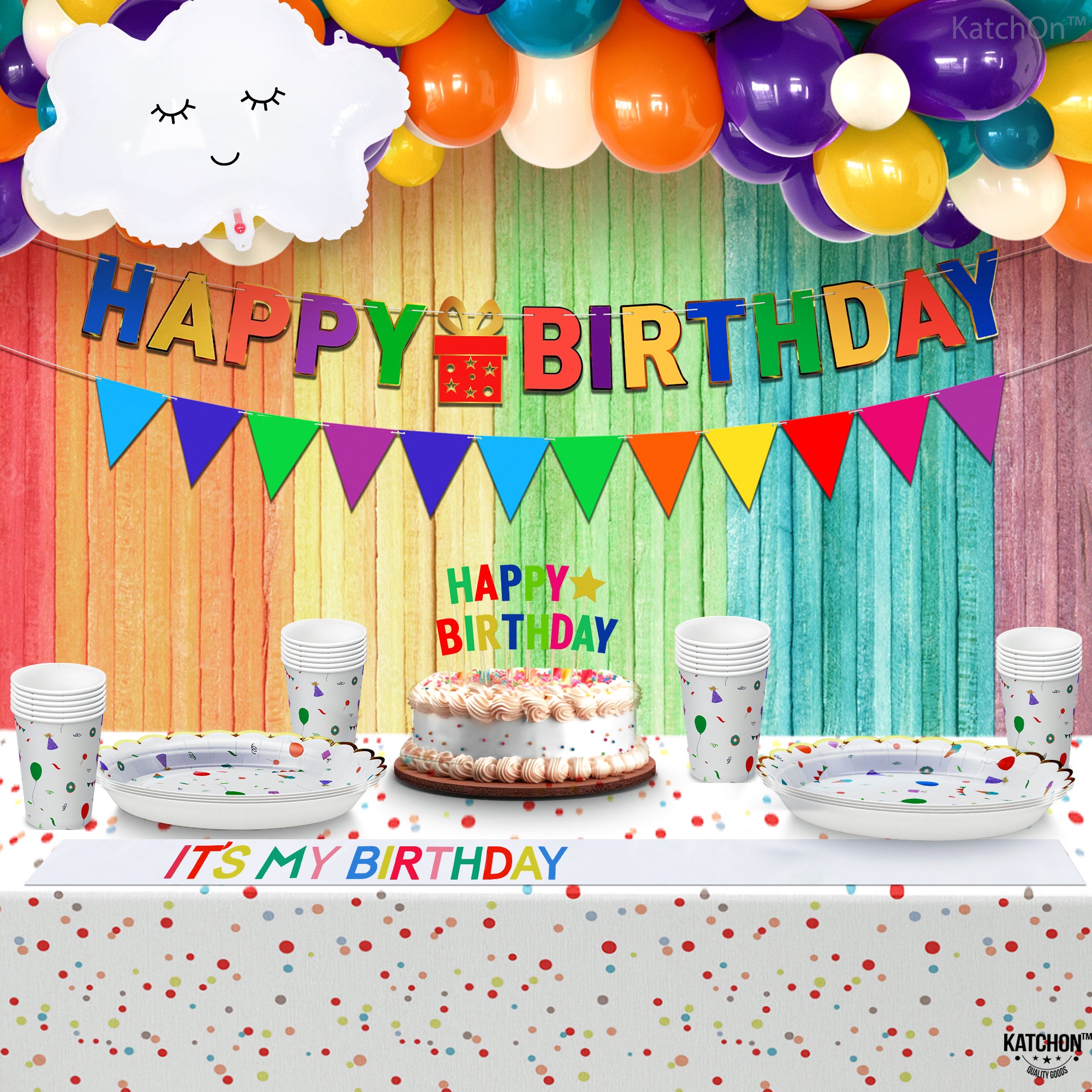 KatchOn, Rainbow Happy Birthday Decorations - 149 Pcs, Serve 25 | Rainbow Party Supplies | Rainbow Birthday Decorations | Happy Birthday Banner | Rainbow Birthday Party Decorations | Rainbow Party Kit