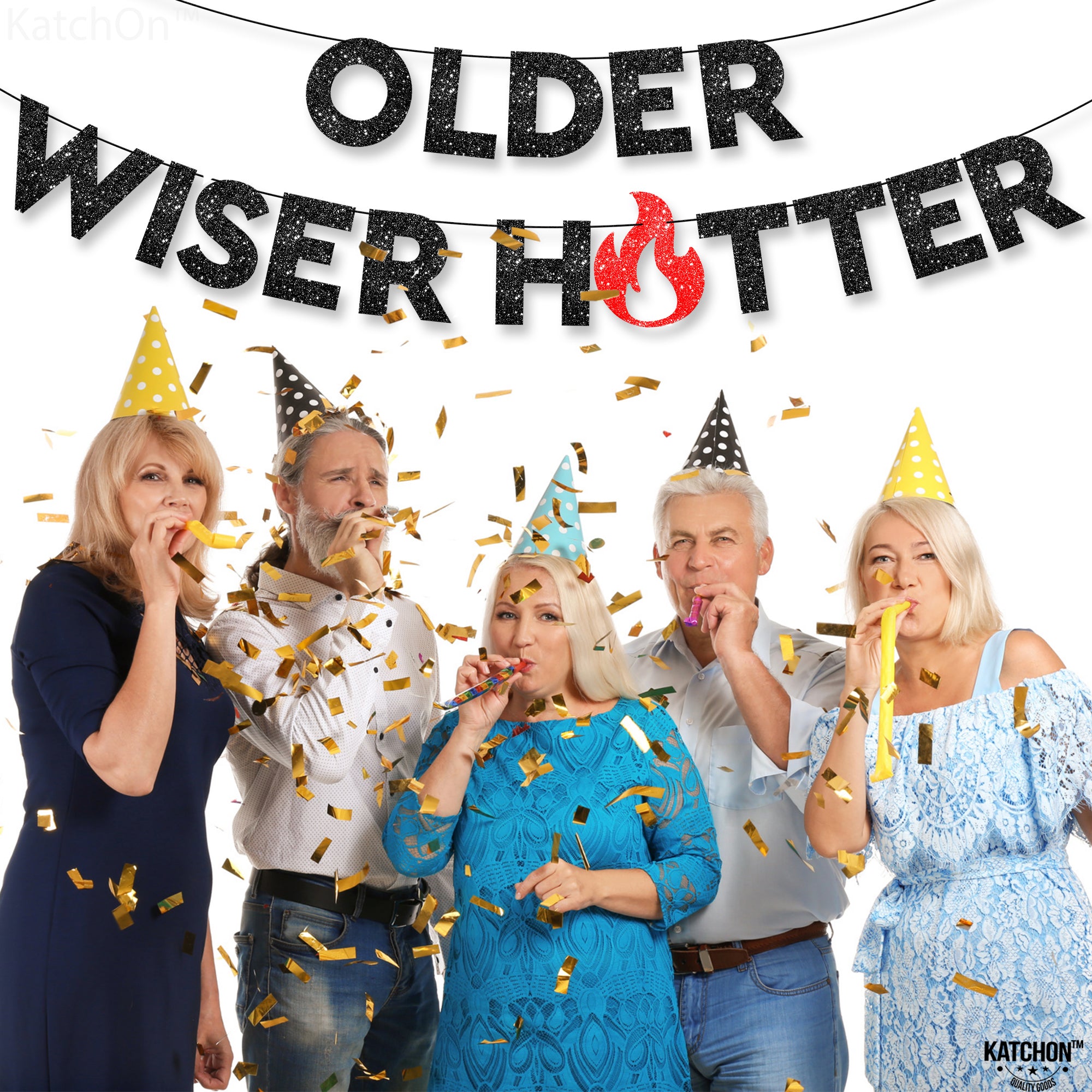 KatchOn Older Wiser Hotter Glitter Black Banner - 10 Feet, Reusable, Adult Birthday Decorations