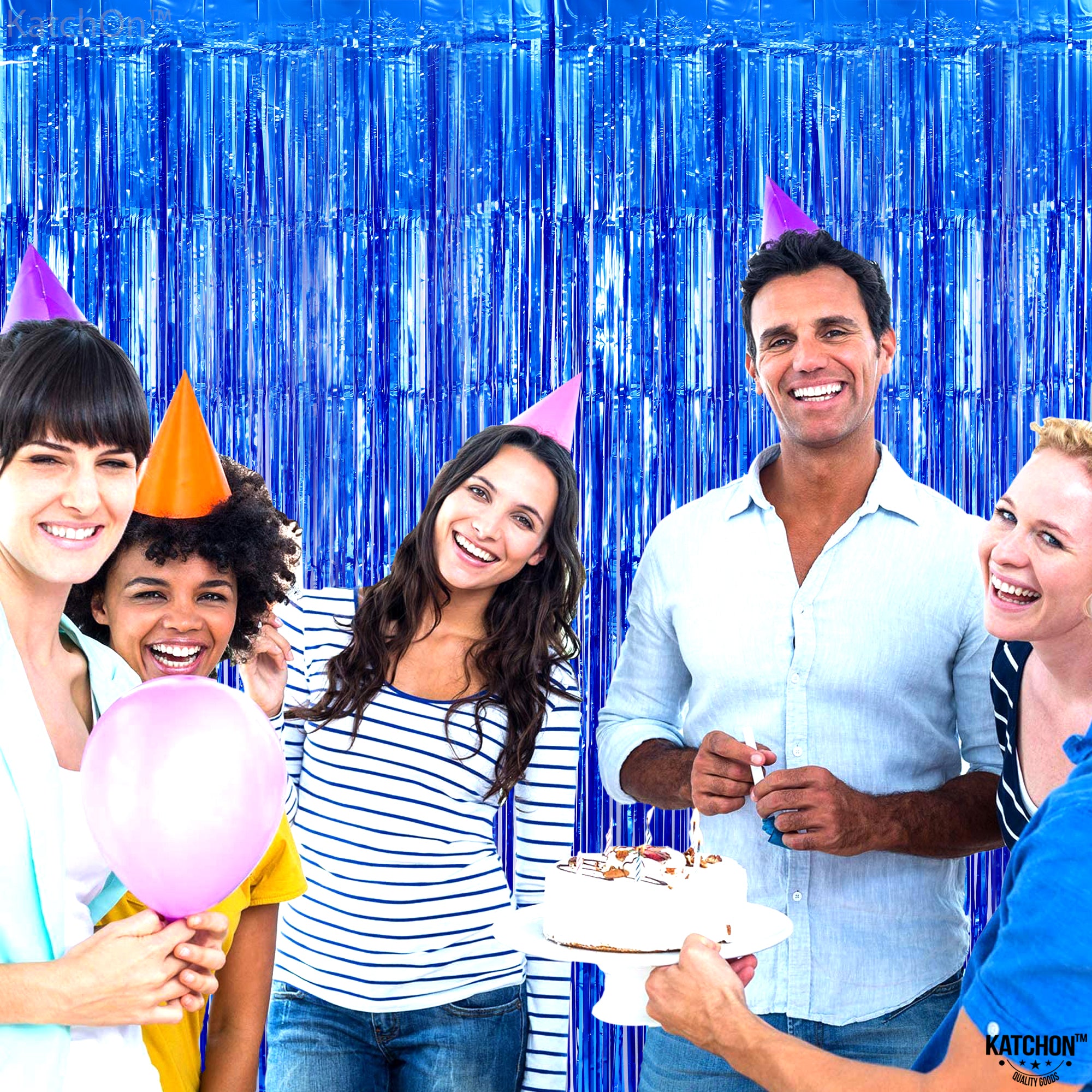 KatchOn, Metallic Blue Backdrop Curtain - 3.2x6.5 Feet, Pack of 2 | Blue Streamers Party Decorations | Blue Fringe Curtain for Under The Sea Party Decorations | Ocean Decorations, Blue Party Supplies