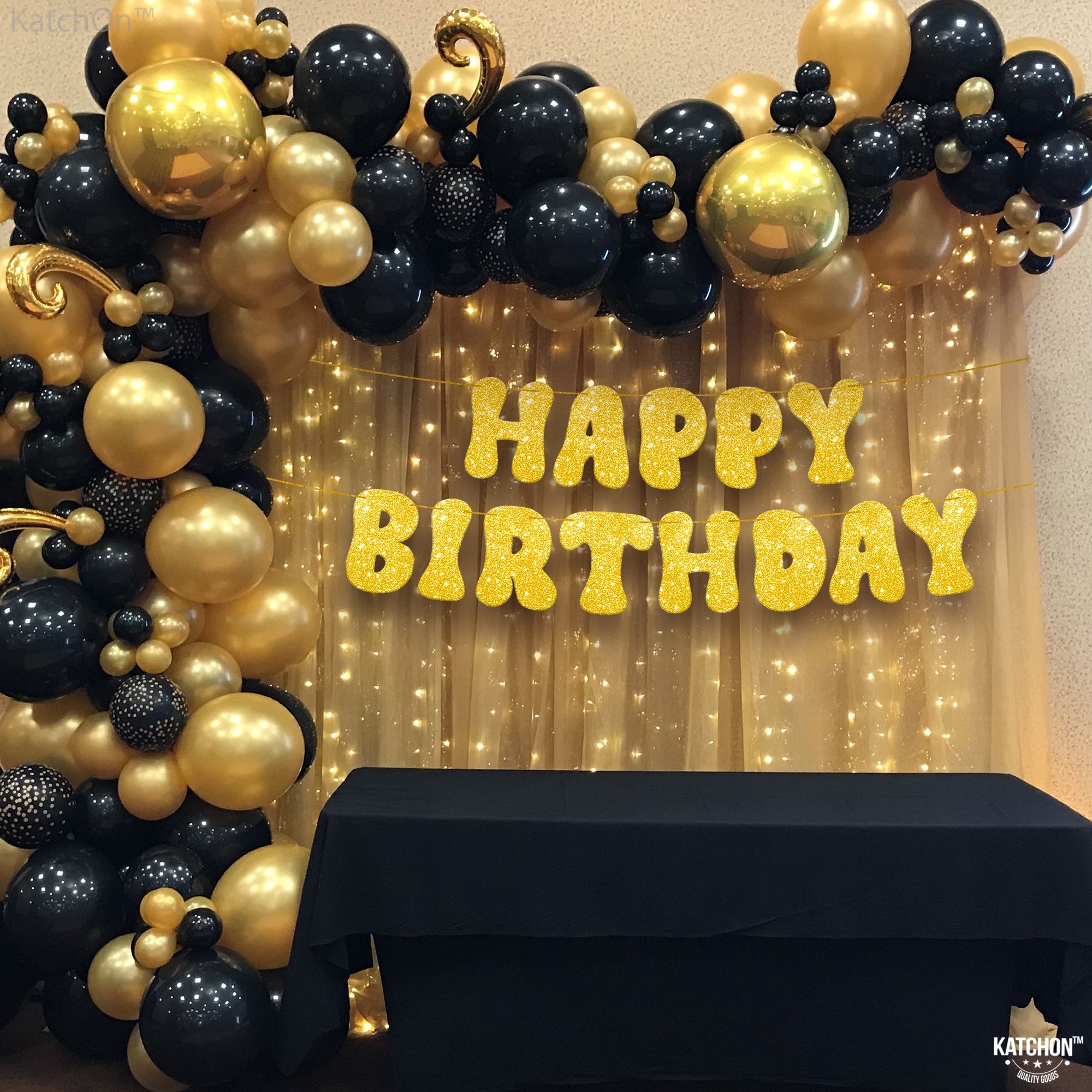KatchOn, Glitter Gold Happy Birthday Banner Prestrung - 10 Feet | Gold Happy Birthday Sign | Gold Birthday Banner for Happy Birthday Decorations | Happy Birthday Gold Banner for Gold Birthday Decor