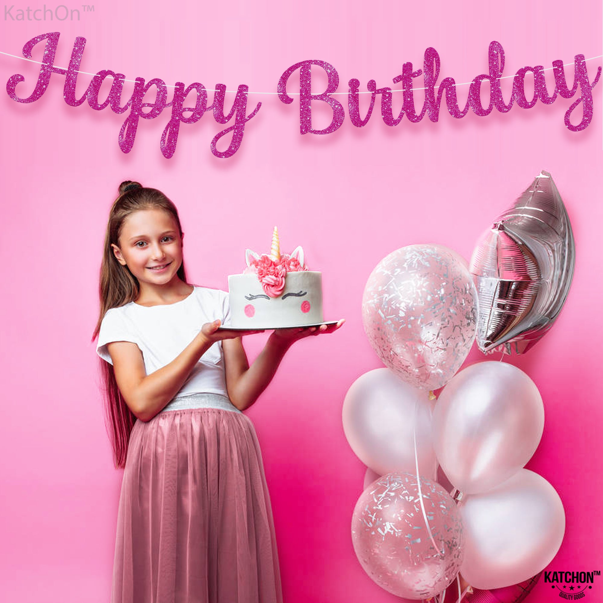 KatchOn Glitter Hot Pink Happy Birthday Banner - 10 Feet | Cursive Letters, Birthday Decorations | Backdrop for Pink Party Decorations