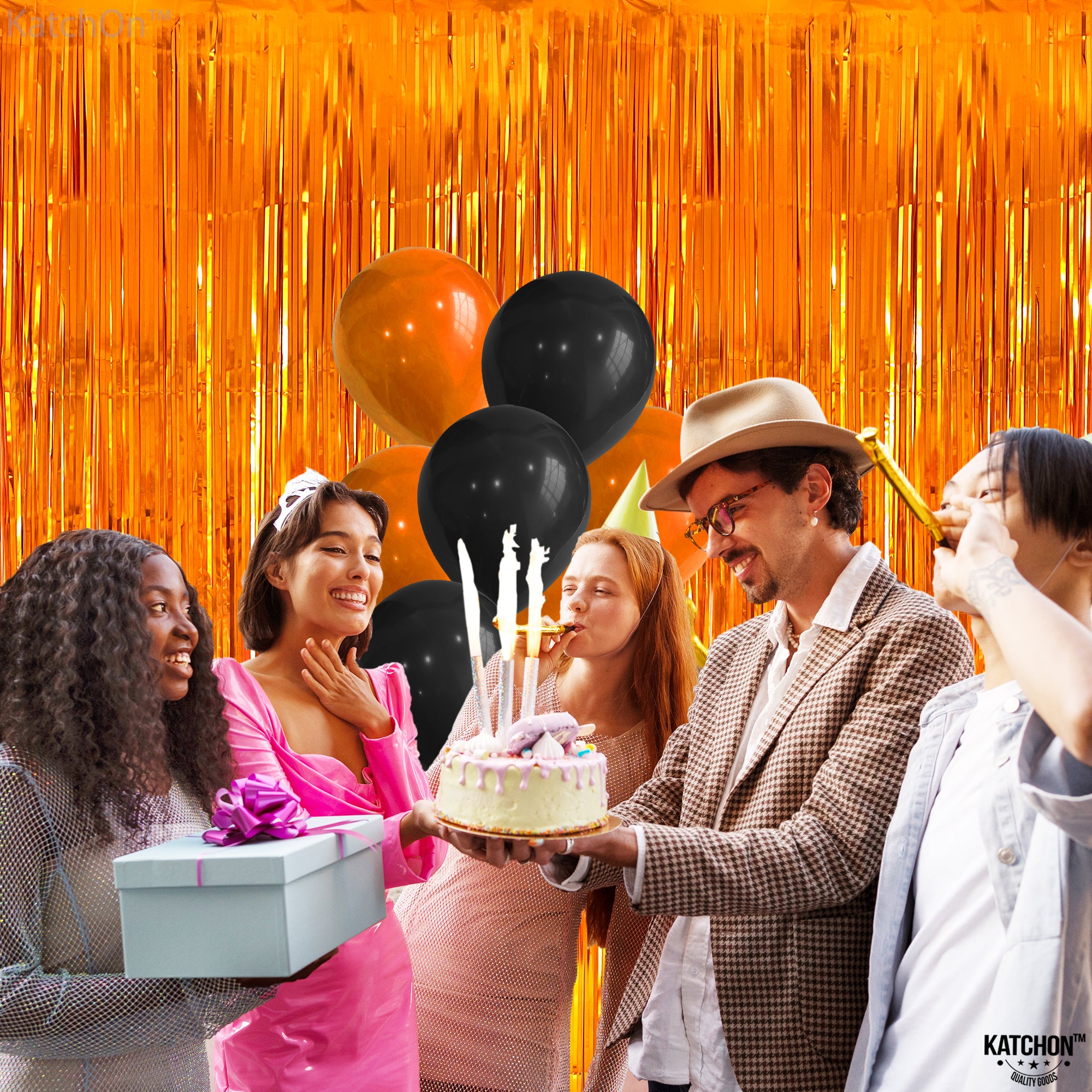 KatchOn, Shiny Orange Fringe Backdrop Curtain - 3.2x8 Feet, Pack of 2 | Foil Orange Backdrop | Orange Streamers for Orange Basketball Party Decorations | Orange Party Decorations | Orange Decorations