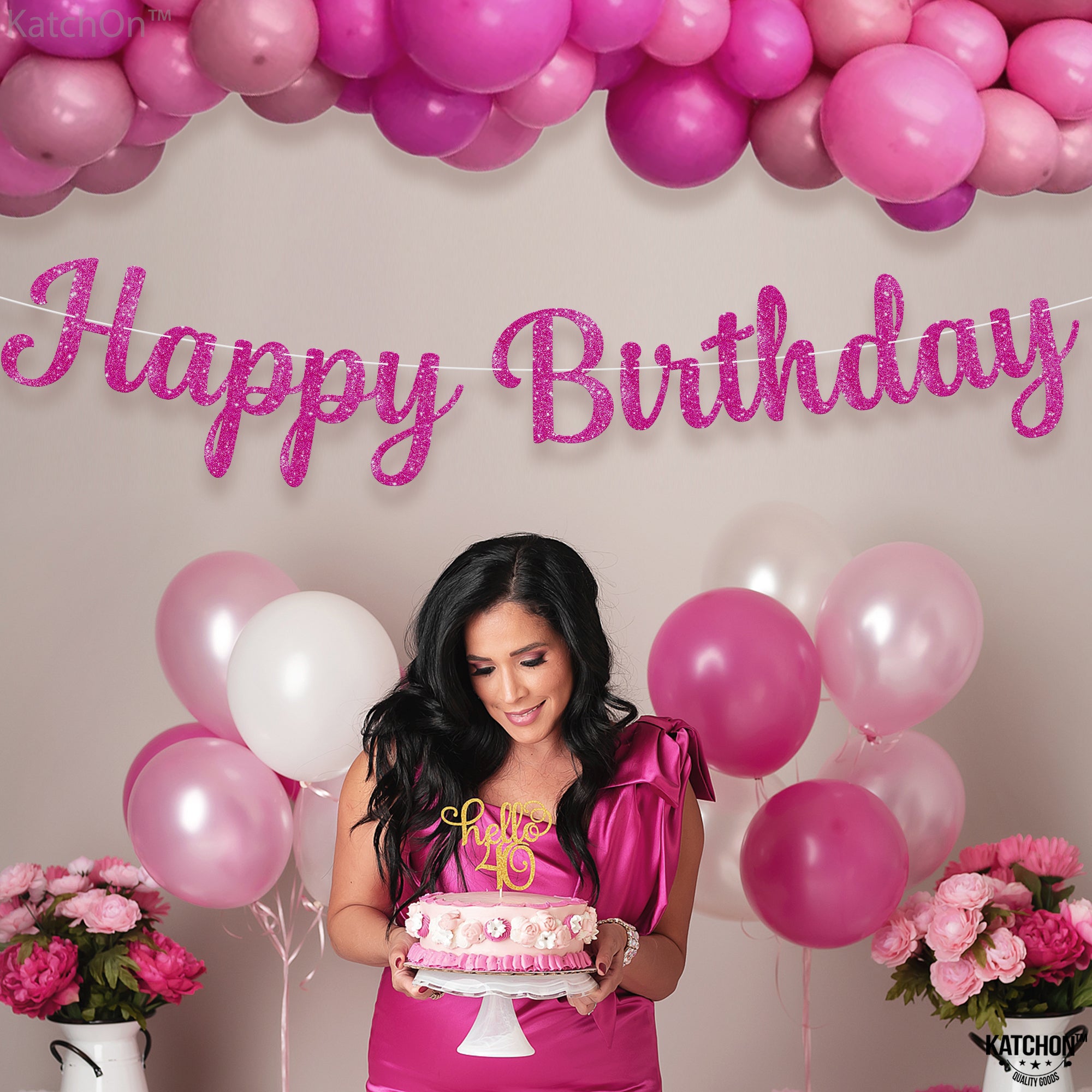 KatchOn Glitter Hot Pink Happy Birthday Banner - 10 Feet | Cursive Letters, Birthday Decorations | Backdrop for Pink Party Decorations