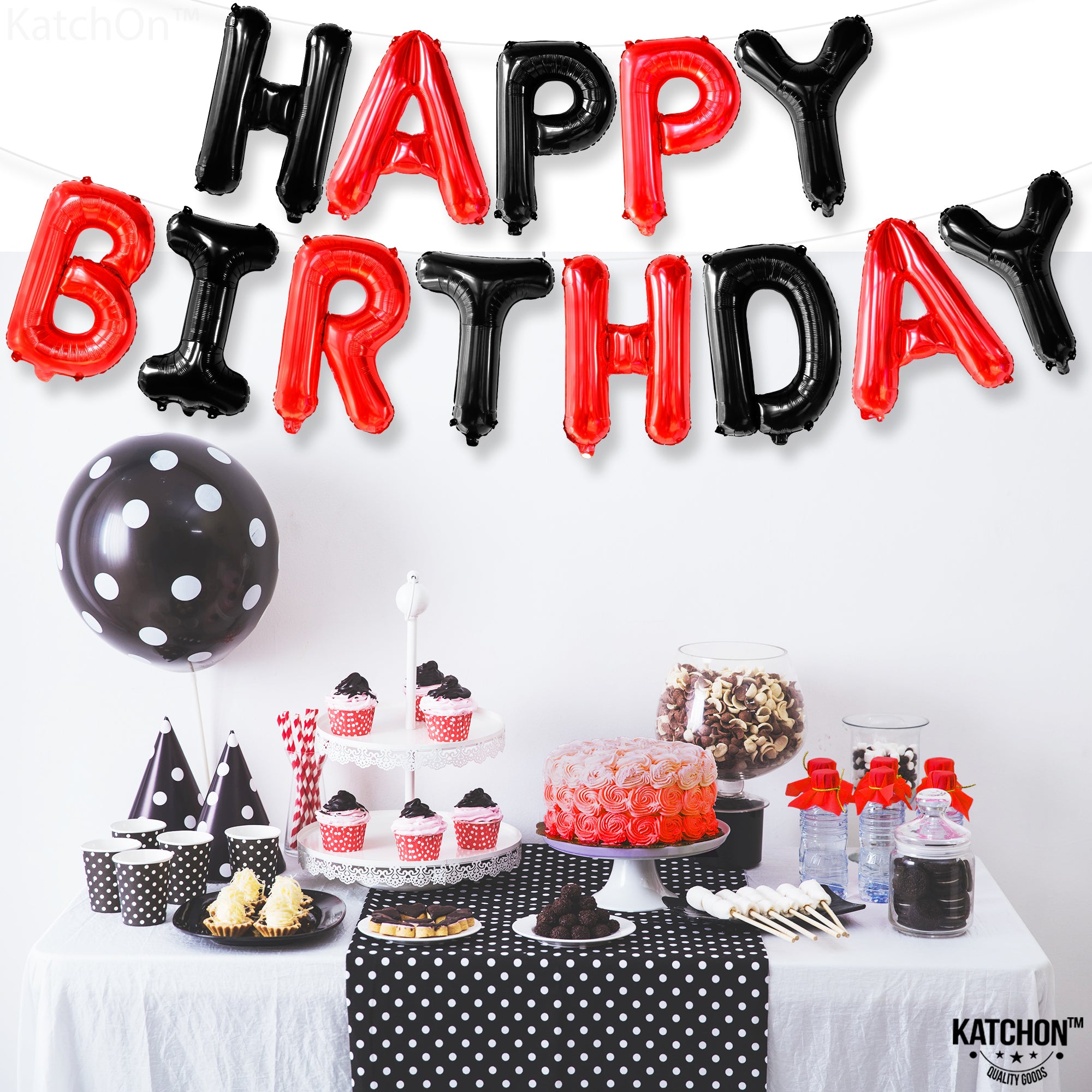 KatchOn, Black and Red Happy Birthday Banner Balloons - 16 Inch | Red and Black Birthday Decorations | Happy Birthday Balloons Letters for Red And Black Party Decorations | Happy Birthday Decorations