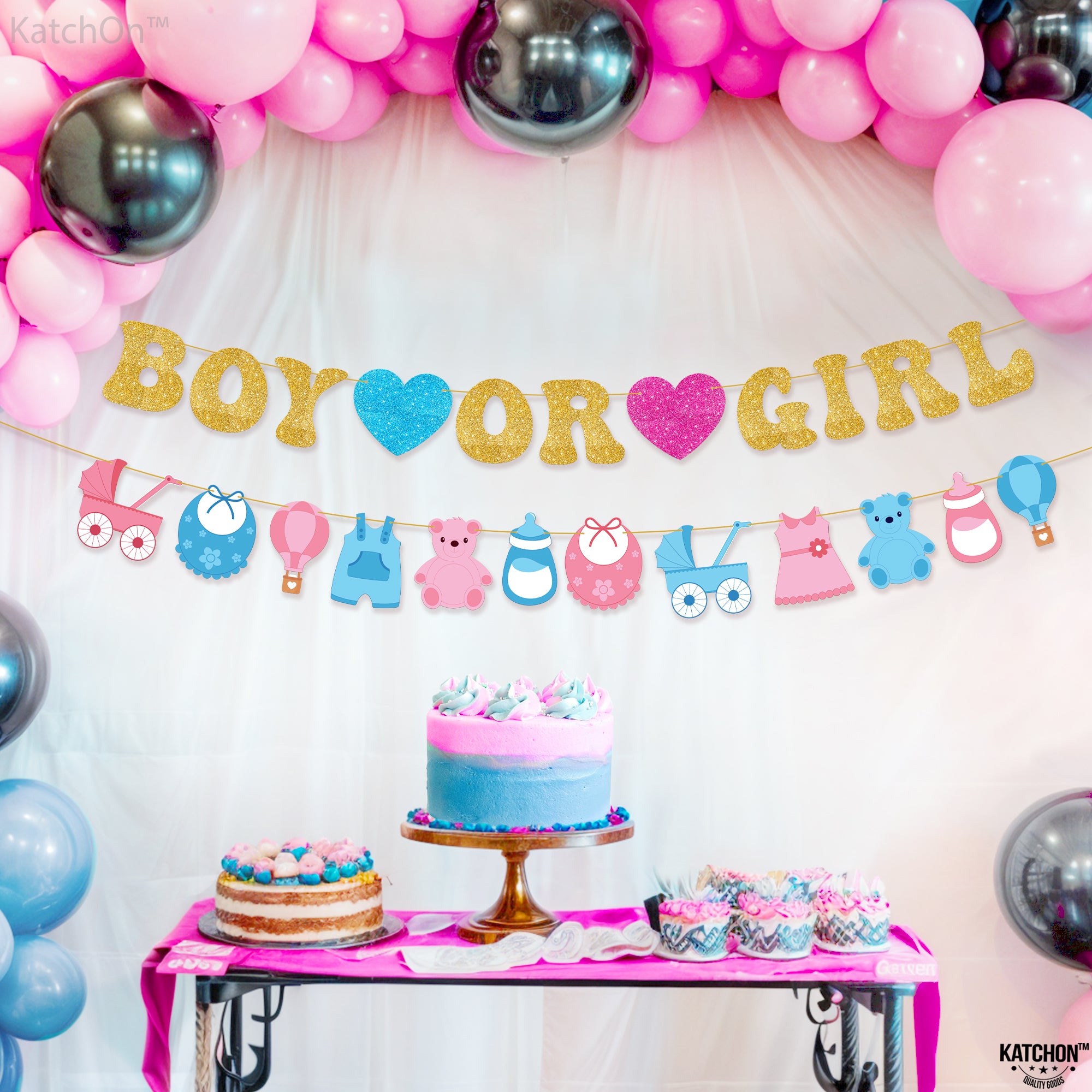 KatchOn, Glitter Boy or Girl Gender Reveal Banner - 10 Feet, No DIY | Boy or Girl Banner for Baby Gender Reveal Decorations | Gender Reveal Signs for Baby Shower Decorations | Gender Reveal Backdrop