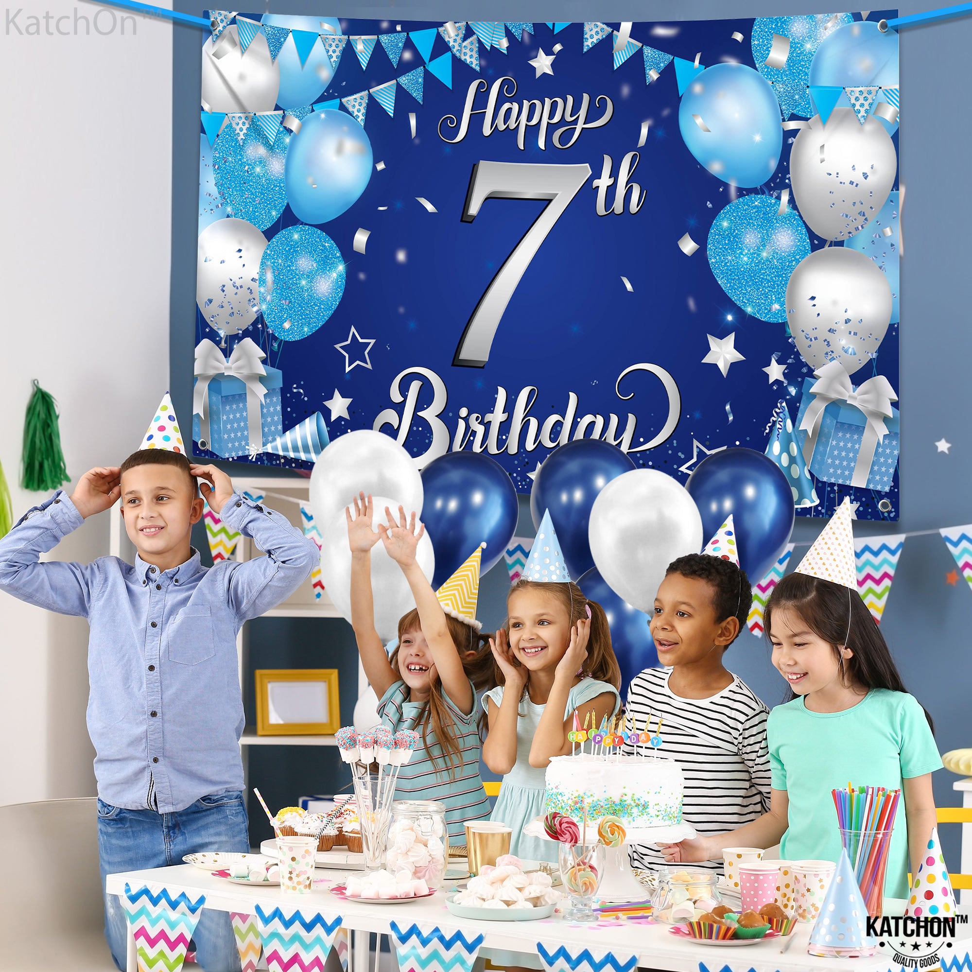 KatchOn, XtraLarge, Happy 7th Birthday Banner - 72x44 Inch | Blue and Silver Happy Birthday Banner, Happy 7th Birthday Decorations for Boys | 7th Birthday Backdrop, 7 Year Old Boy Birthday Decorations