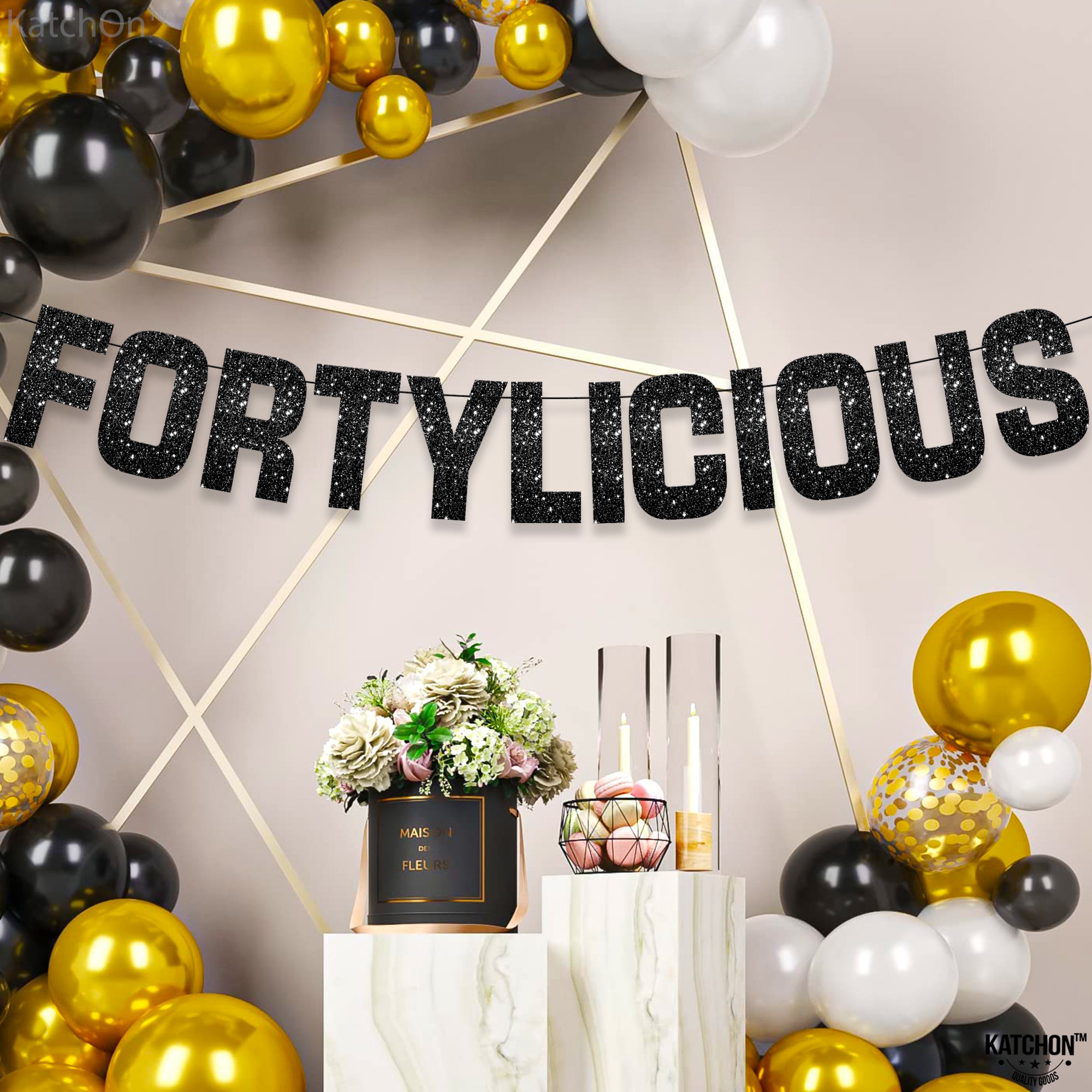 KatchOn, Glitter Black Fortylicious Banner - Prestrung, 10 Feet | Happy 40th Birthday Banner for 40th Birthday Decorations for Men | Fortylicious Banner Black for Fortylicious Birthday Decorations