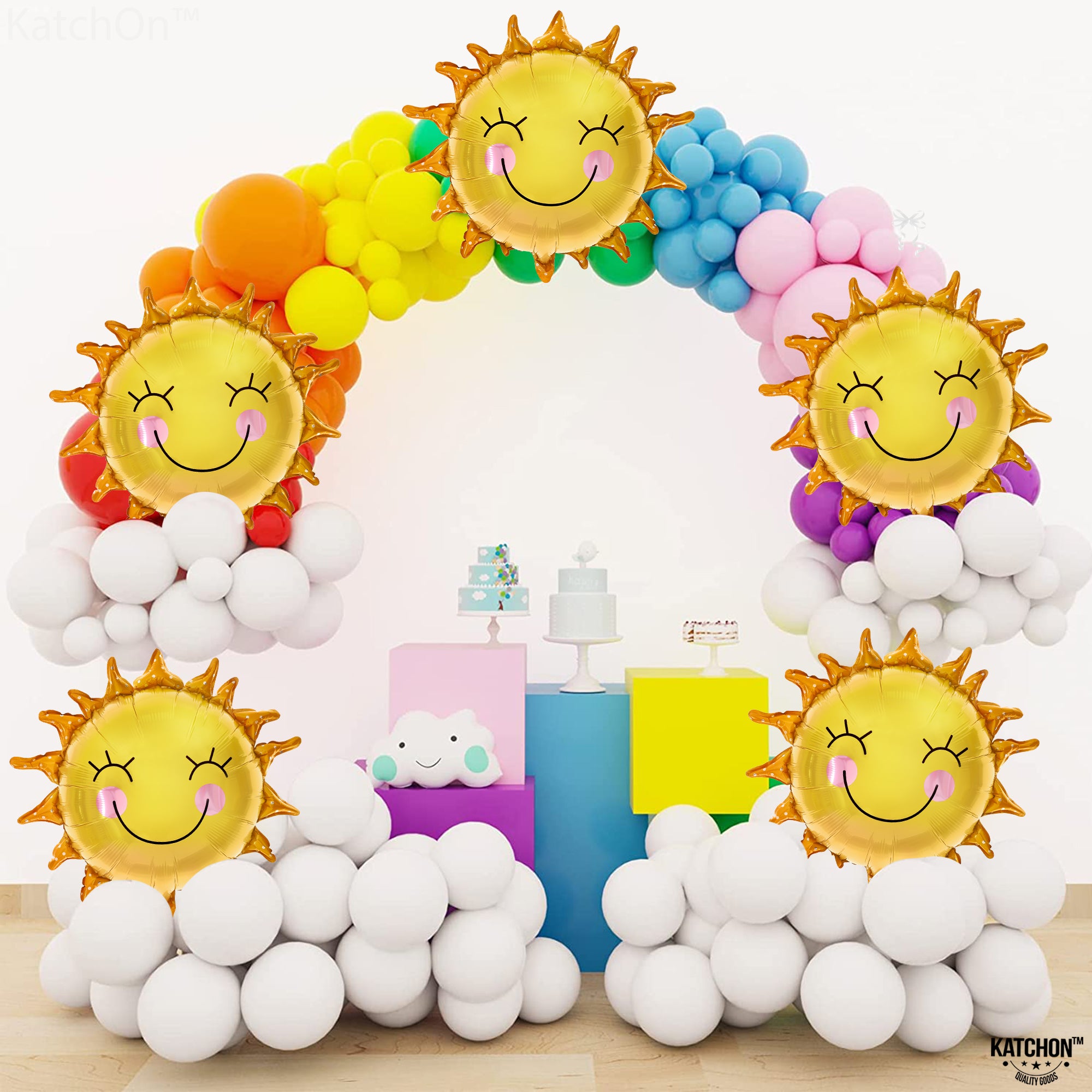 KatchOn, Smile Face Sun Balloons for Party - 26 Inch, Pack of 5 | Mylar Sunshine Balloons, Summer Balloons for Sunshine First Birthday Decorations | First Trip Around The Sun Birthday Decorations