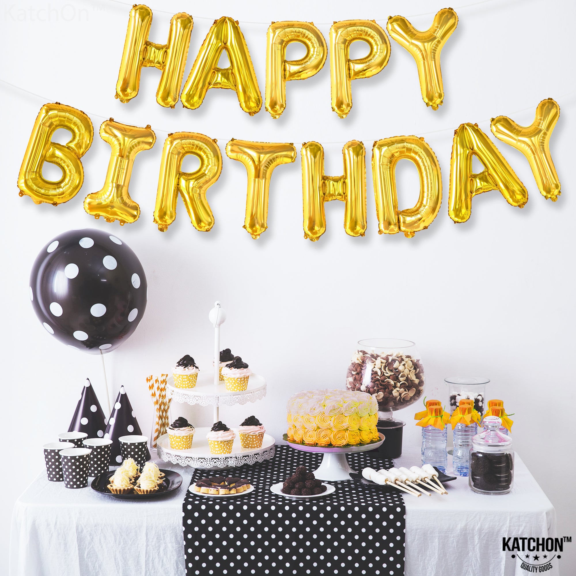 KatchOn, Gold Happy Birthday Balloons Letters -16 Inch | Gold Birthday Balloons, Golden Birthday Party Decorations | Happy Birthday Foil Balloons, Birthday Decorations | Happy Birthday Banner Balloons