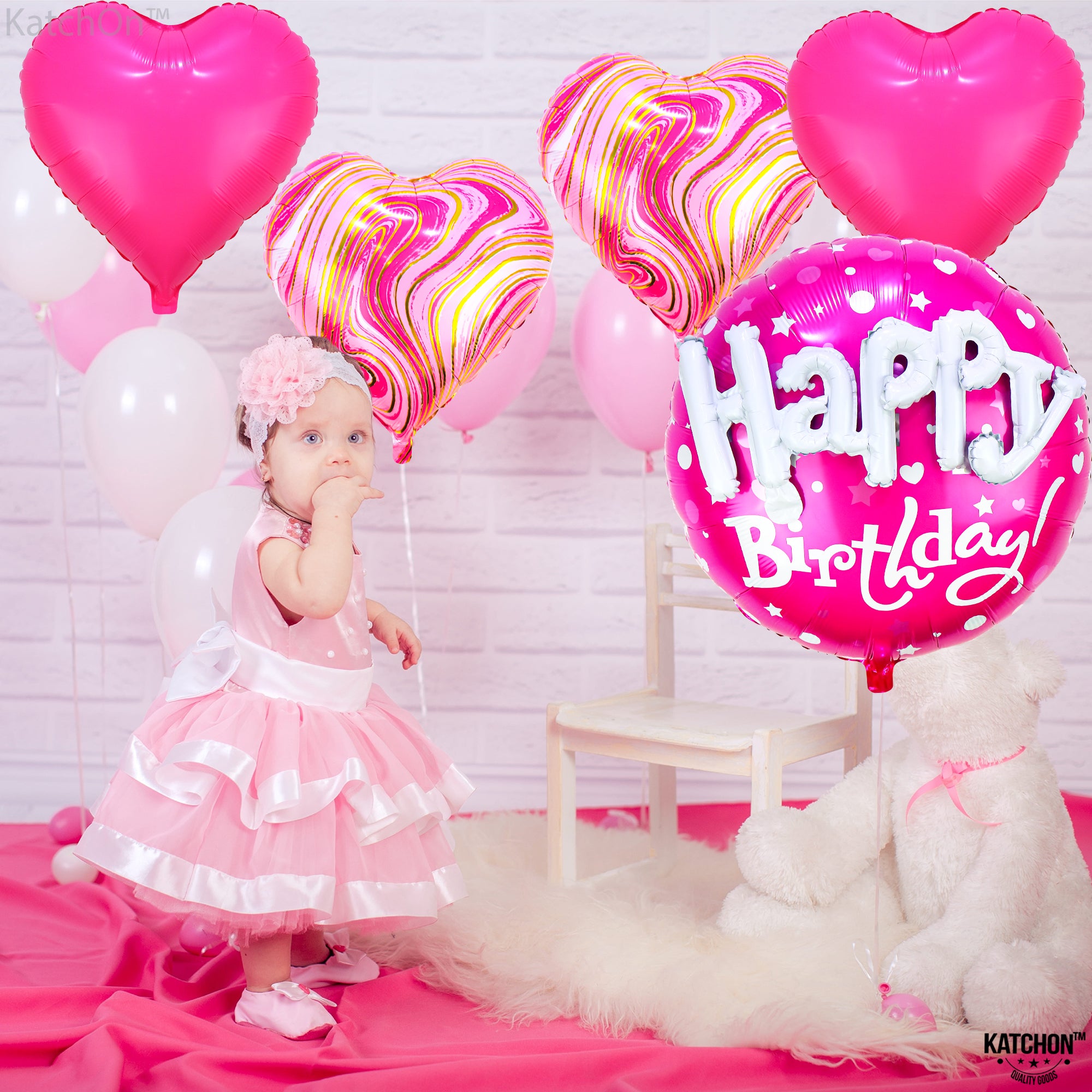 KatchOn, Happy Birthday Balloon Pink Set - Huge, 23 Inch, Pack of 5 | Pink Happy Birthday Balloons, Pink Heart Balloons | Hot Pink Birthday Balloons | Pink Mylar Balloons, Pink Birthday Decorations