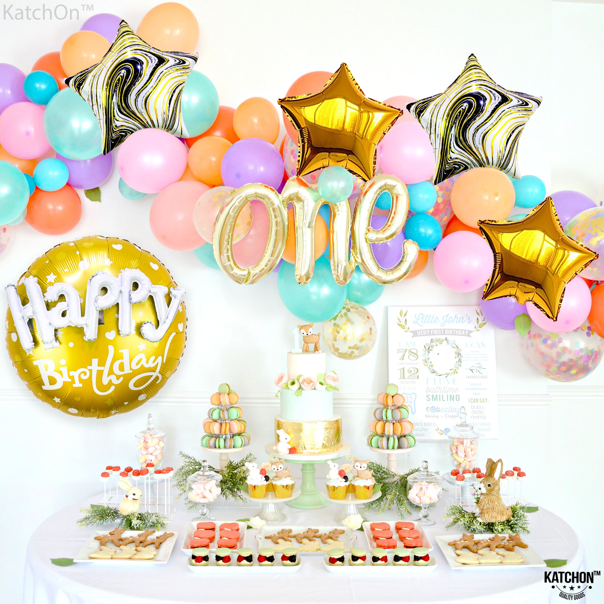 KatchOn, Gold Happy Birthday Balloon Set - 23 Inch, Big, Pack of 5 | Happy Birthday Mylar Balloons, Golden Birthday Balloons | Gold Star Balloons, Gold Foil Balloons | Black And Gold Party Decorations