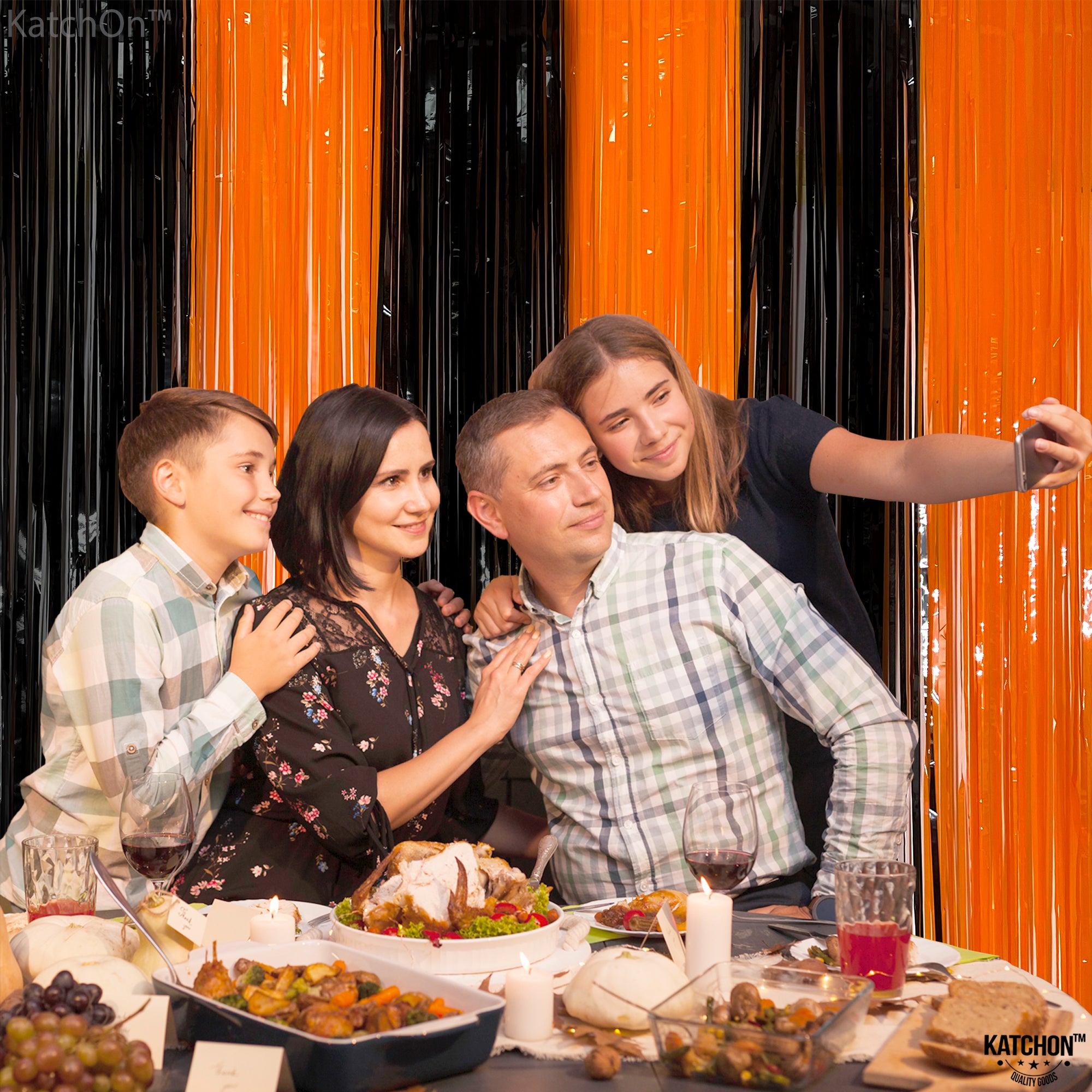 KatchOn, Black and Orange Foil Fringe Curtain - XtraLarge 3.2x8 Feet, Pack of 2 | Black and Orange Streamers, Halloween Decorations | Orange and Black Fringe Backdrop for Summerween Decorations
