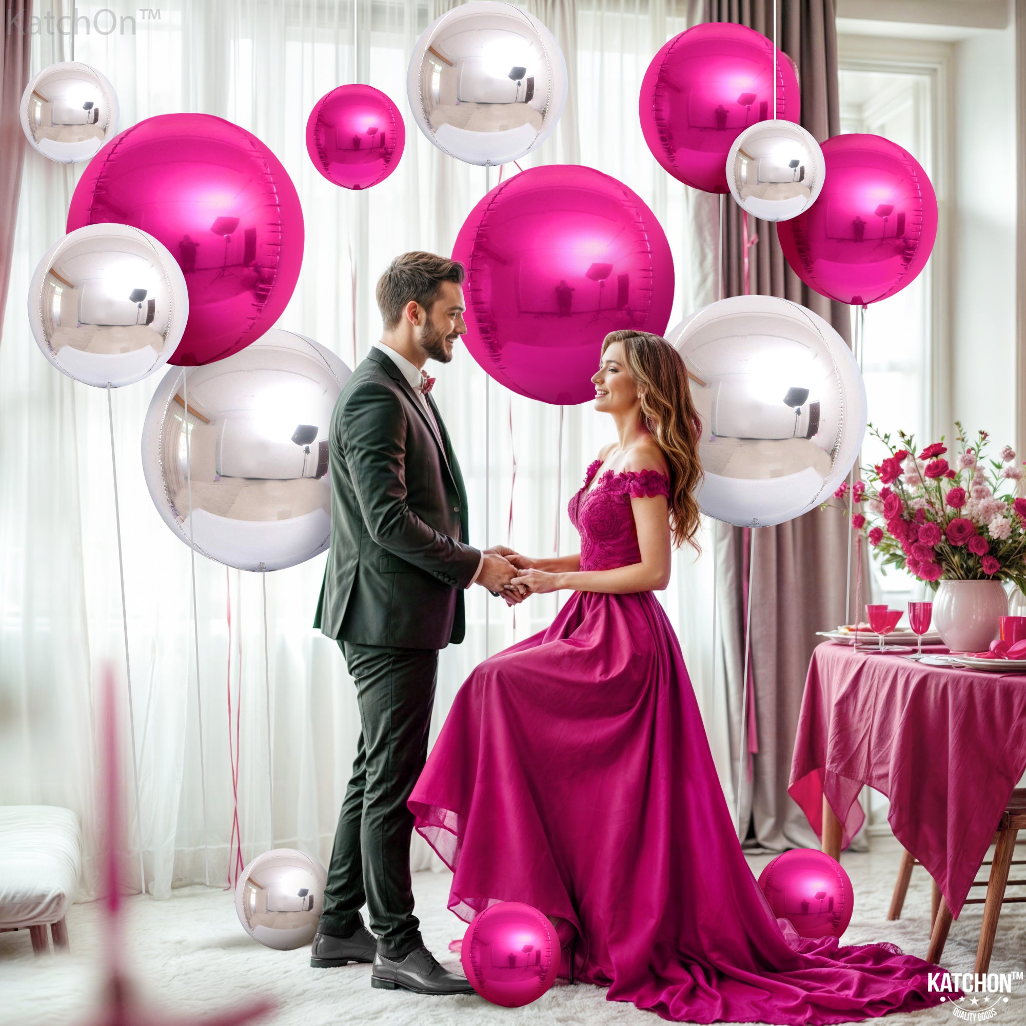 KatchOn, Hot Pink and Silver Balloons - 22 Inch, Pack of 14 | Hot Pink Mylar Balloons, Pink Silver Balloons for Hot Pink Party Decorations | Metallic Hot Pink Foil Balloons, Galentines Day Decorations