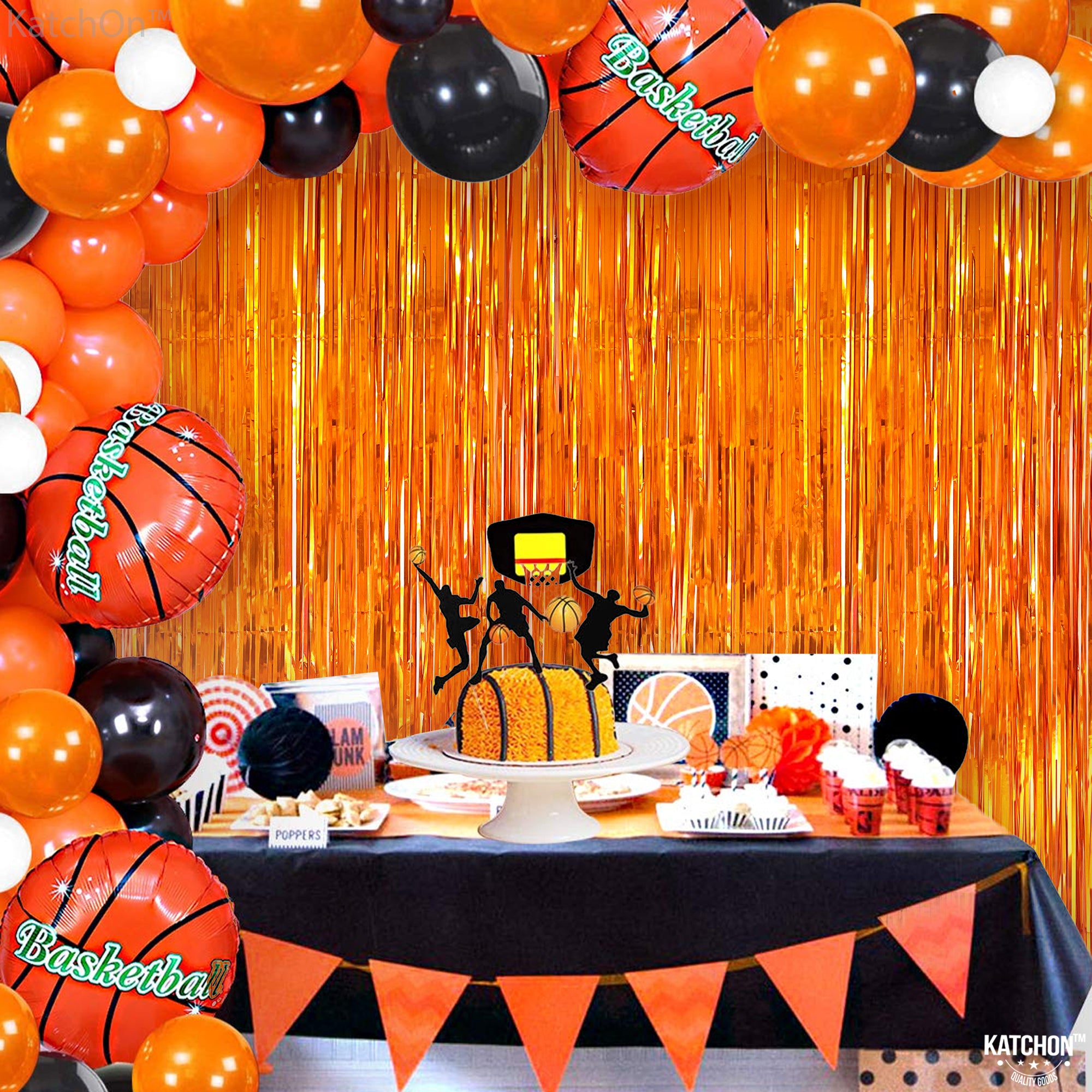 KatchOn, Shiny Orange Fringe Backdrop Curtain - 3.2x8 Feet, Pack of 2 | Foil Orange Backdrop | Orange Streamers for Orange Basketball Party Decorations | Orange Party Decorations | Orange Decorations