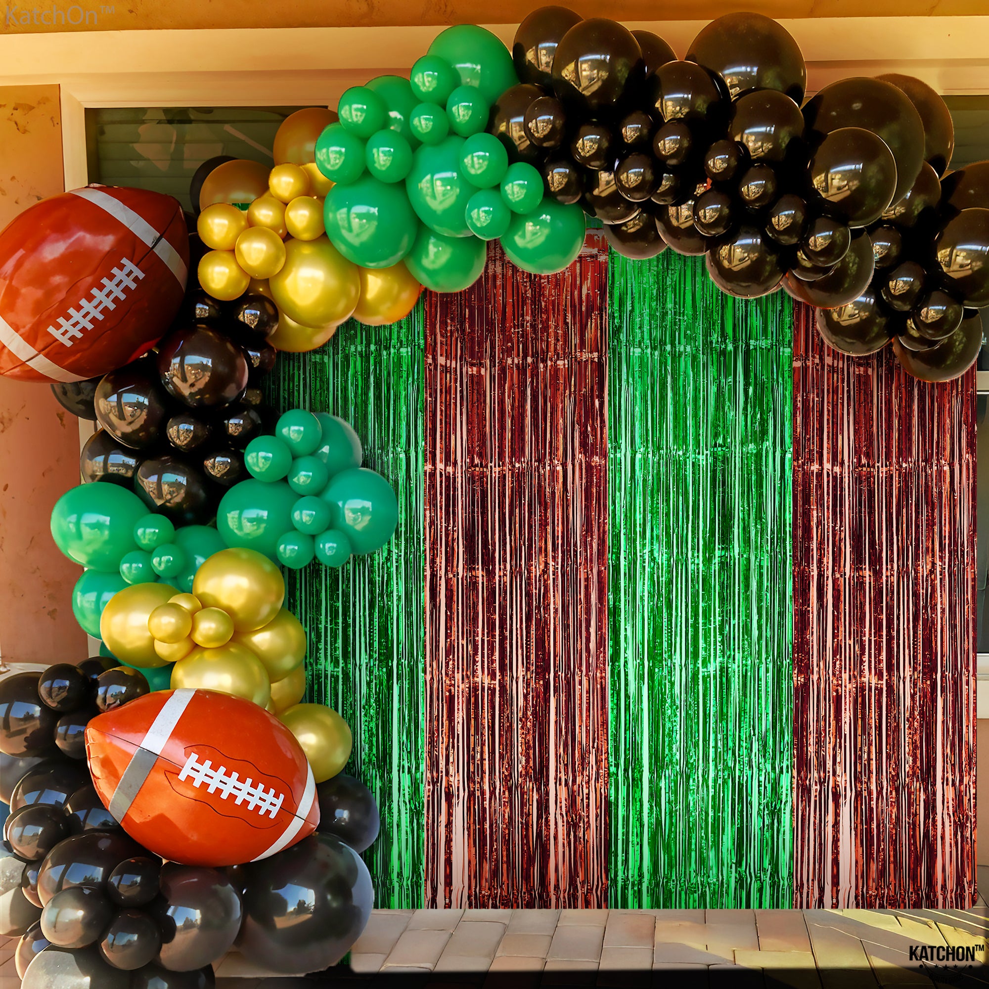 KatchOn, Large 13x8 Feet Green and Brown Fringe Backdrop - Pack of 4 Football Streamers | Football Backdrop, Football Party Decorations | Football Party Backdrop, Football Birthday Party Decorations