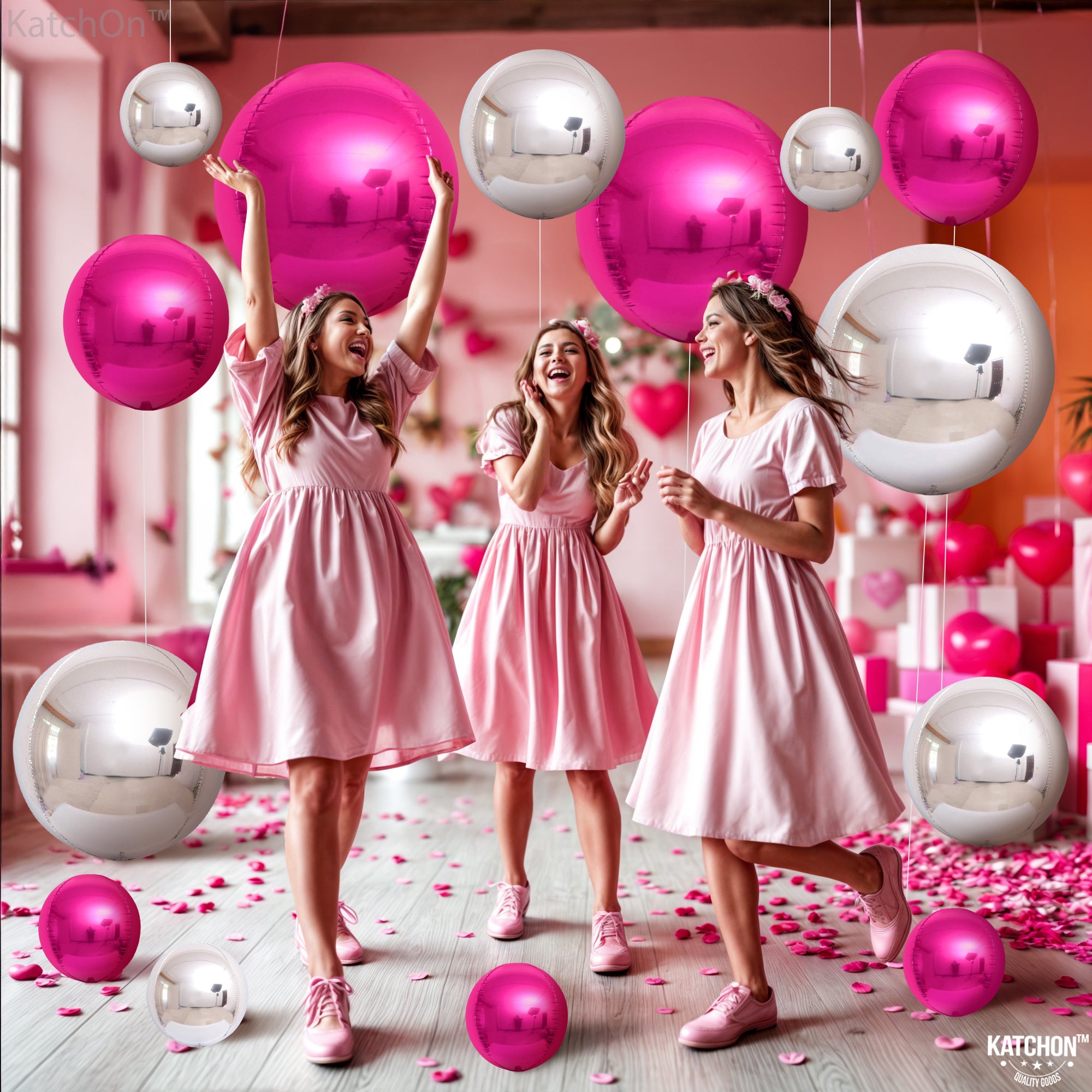 KatchOn, Hot Pink and Silver Balloons - 22 Inch, Pack of 14 | Hot Pink Mylar Balloons, Pink Silver Balloons for Hot Pink Party Decorations | Metallic Hot Pink Foil Balloons, Galentines Day Decorations