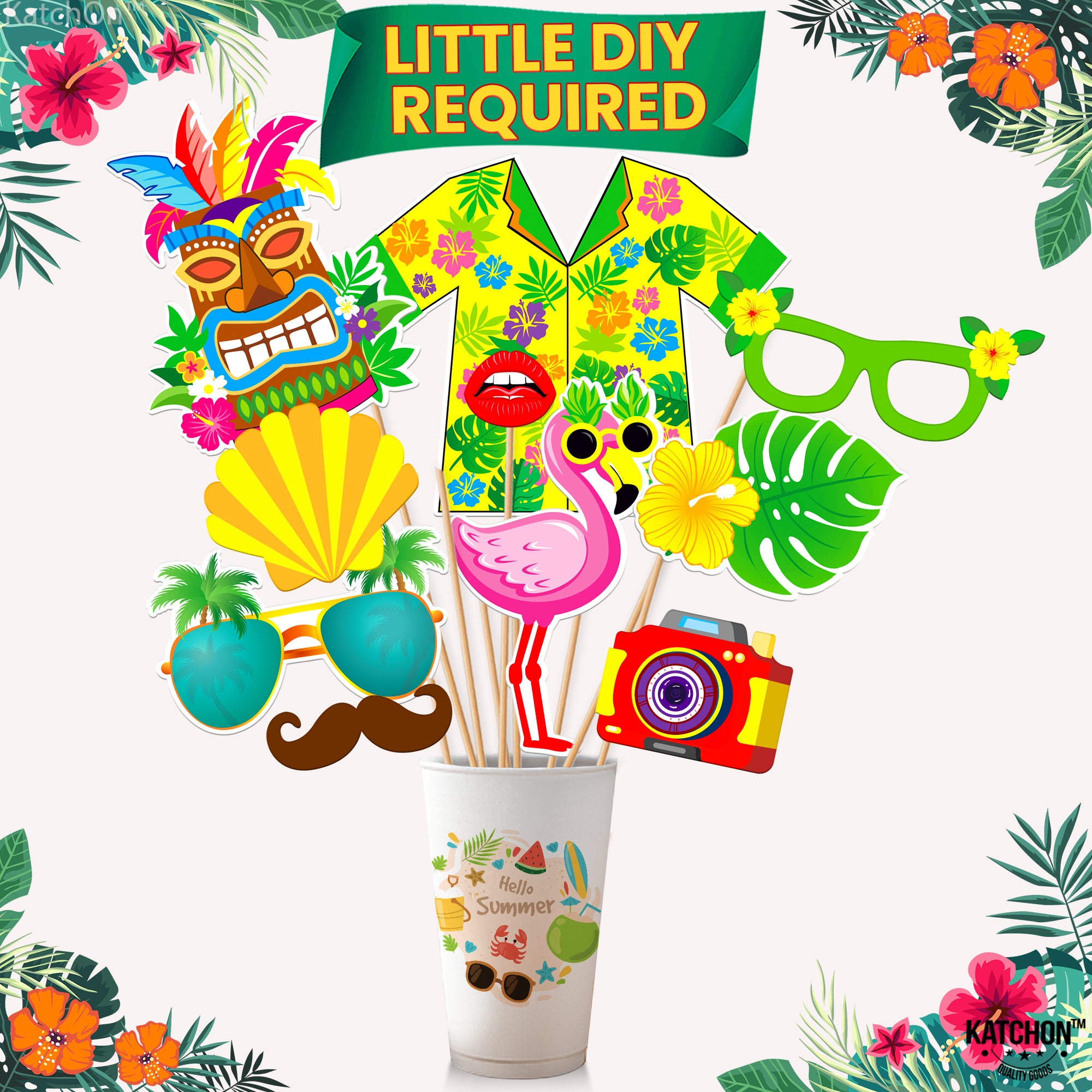 KatchOn, Tropical Hawaiian Photo Booth Props - Pack of 50, Luau Party Decorations | Luau Photo Booth Props for Hawaiian Party Decorations | Luau Photo Props, Hawaiian Props for Aloha Party Decorations