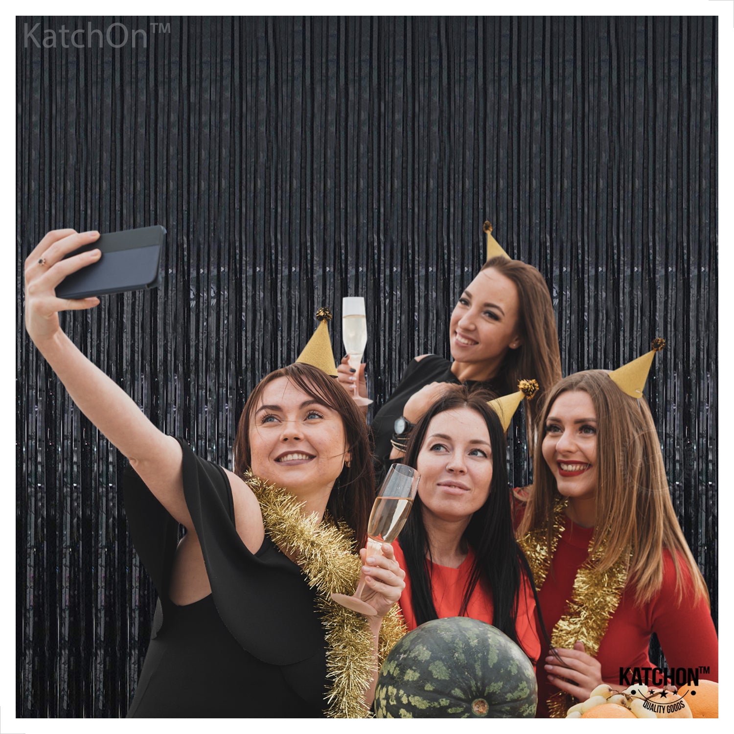KatchOn, Shiny Black Backdrop Curtain - 3.2x6.5 Feet, Pack of 2 | Black Streamers for Black Birthday Decorations | Black Curtain Backdrop | Happy New Year Backdrop | New Years Eve Party Supplies 2025