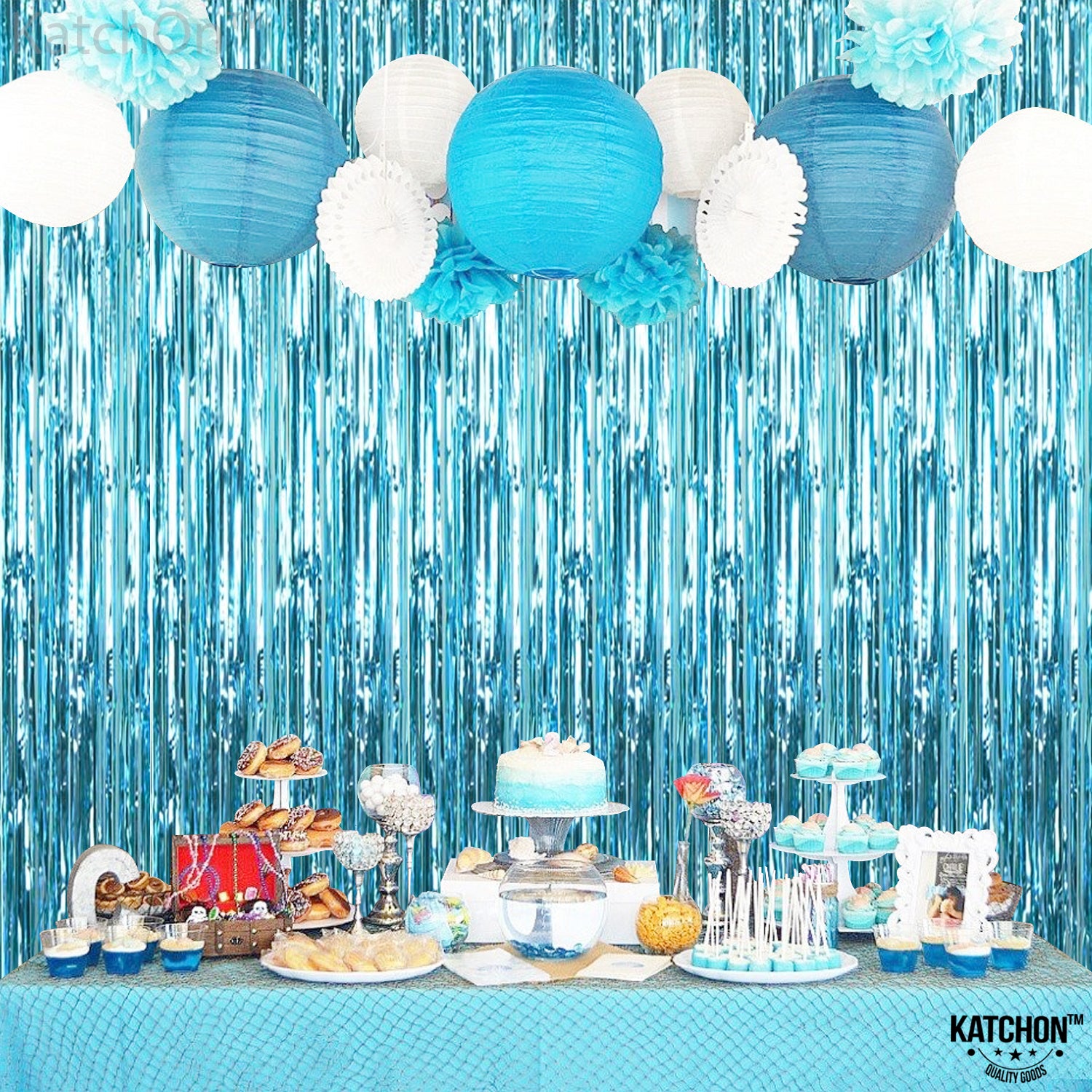 KatchOn, XtraLarge, Blue Foil Fringe Curtain - 8x3.2 Feet, Pack of 2 | Blue Backdrop Curtain for Under The Sea Party Decorations | Ocean Backdrop | Blue Tinsel Backdrop, Mermaid Birthday Decorations