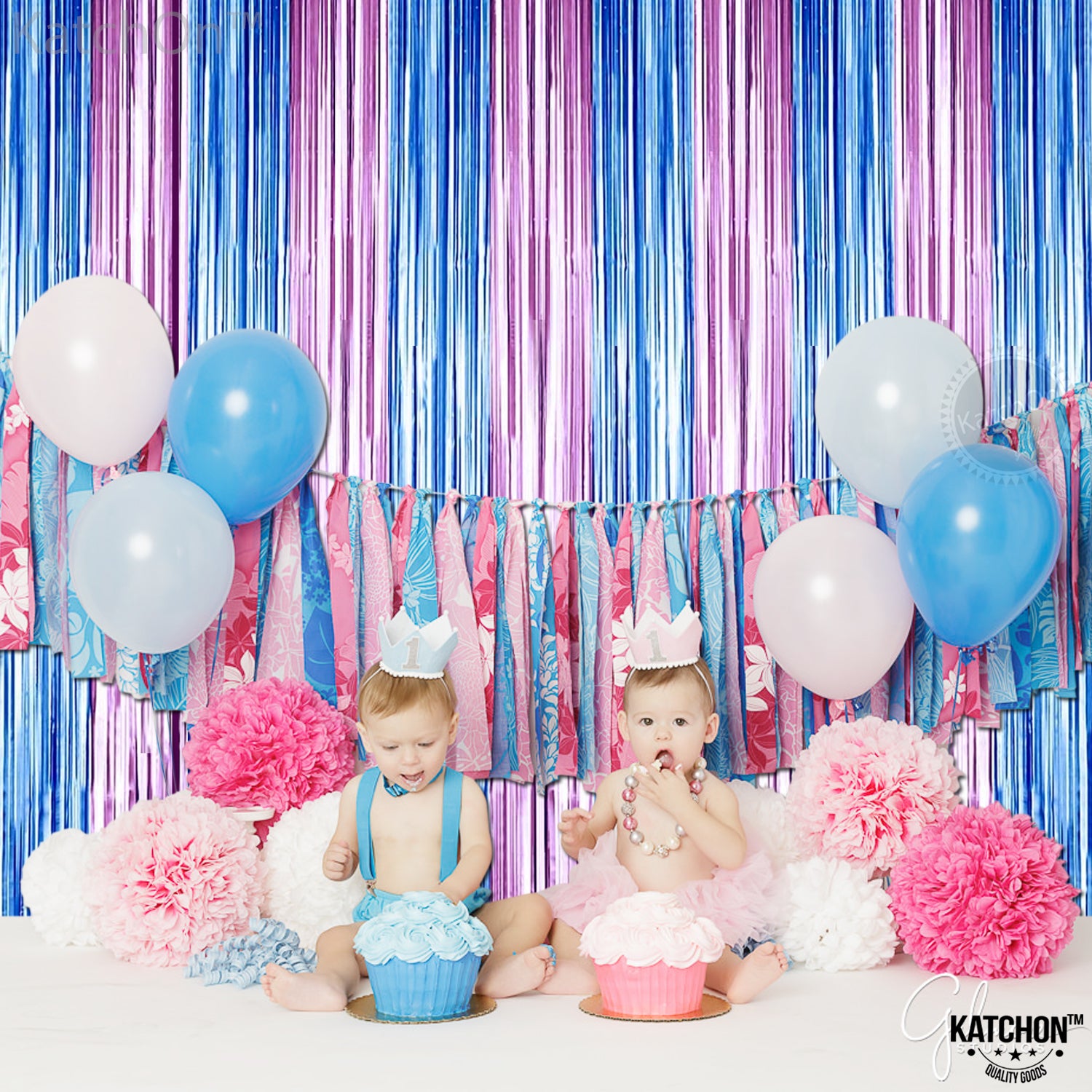 KatchOn, XtraLarge Pink and Blue Streamers - 8x3.2 Feet, Pack of 2 Gender Reveal Decorations | Baby Gender Reveal Backdrop Boy or Girl | Pink and Blue Backdrop for Pink and Blue Party Decorations