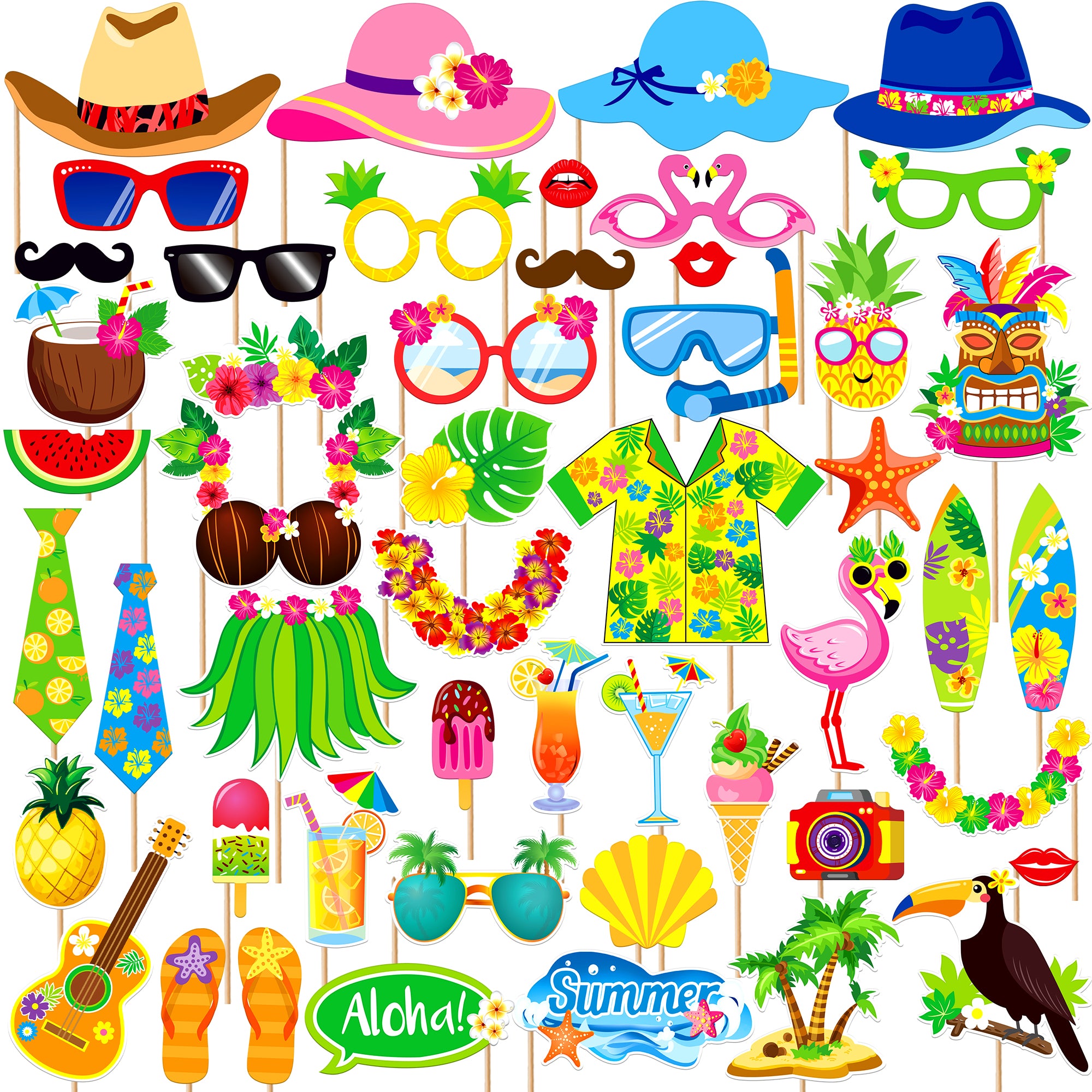 KatchOn, Tropical Hawaiian Photo Booth Props - Pack of 50, Luau Party Decorations | Luau Photo Booth Props for Hawaiian Party Decorations | Luau Photo Props, Hawaiian Props for Aloha Party Decorations