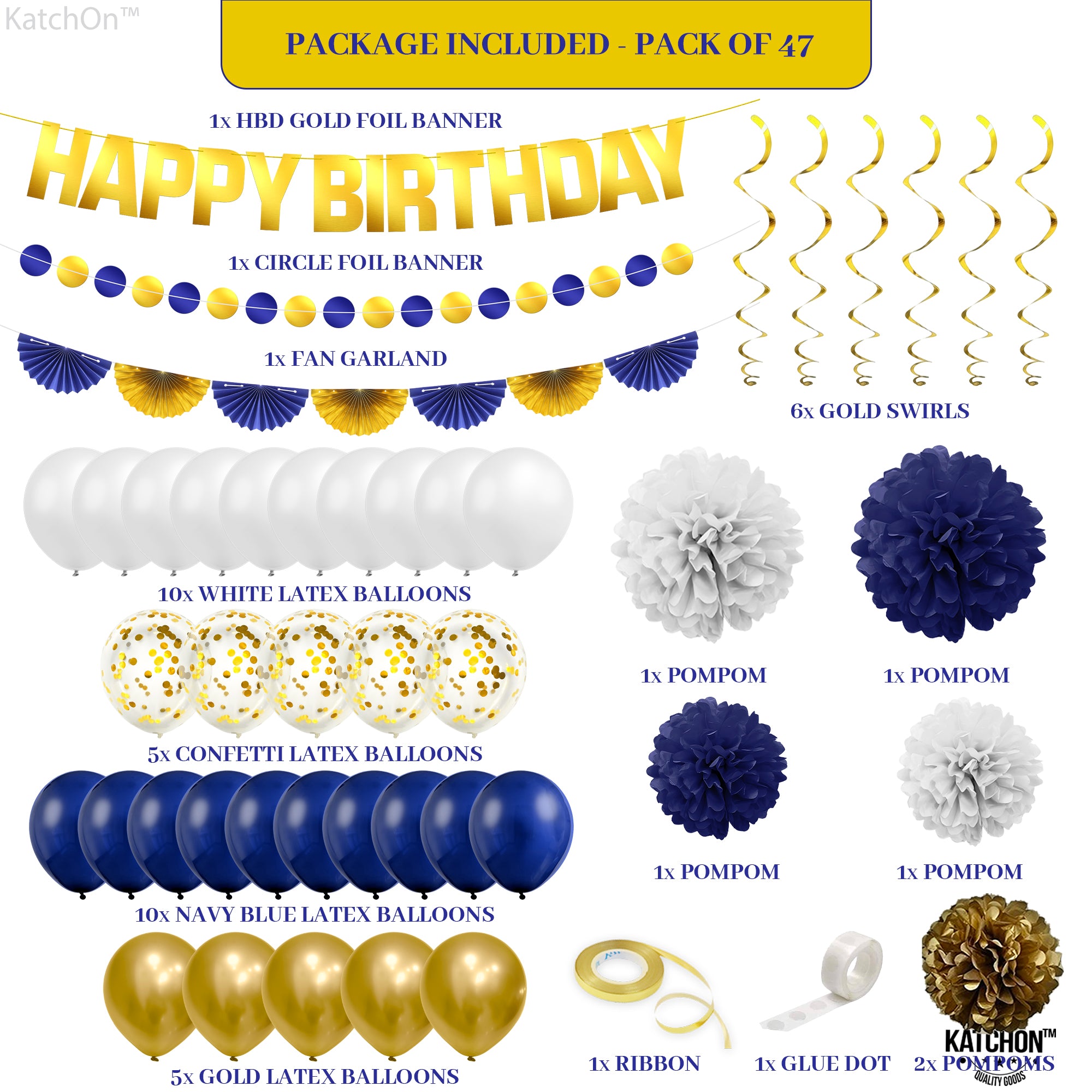 KatchOn, Blue and Gold Birthday Decorations Set - Pack of 47 | Happy Birthday Decorations for Men | Blue and Gold Party Decorations | Happy Birthday Banner | Happy Birthday Decorations Blue and Gold