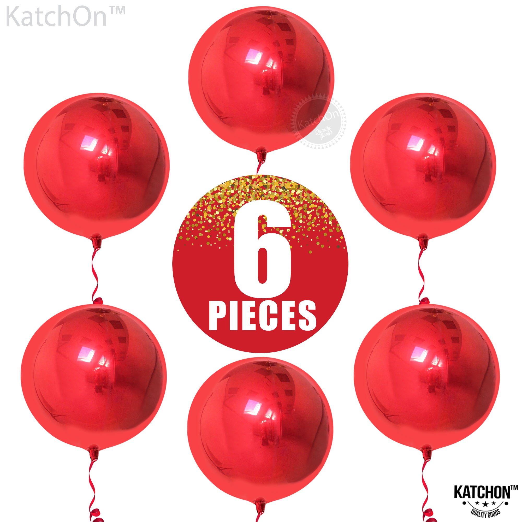 KatchOn, Metallic Red Balloons - Big 22 Inch, Pack of 6 | 360 Degree 4D Sphere Red Metallic Balloons | Red Chrome Balloons for Valentines Decorations | Red Foil Balloons for Valentines Day Decorations