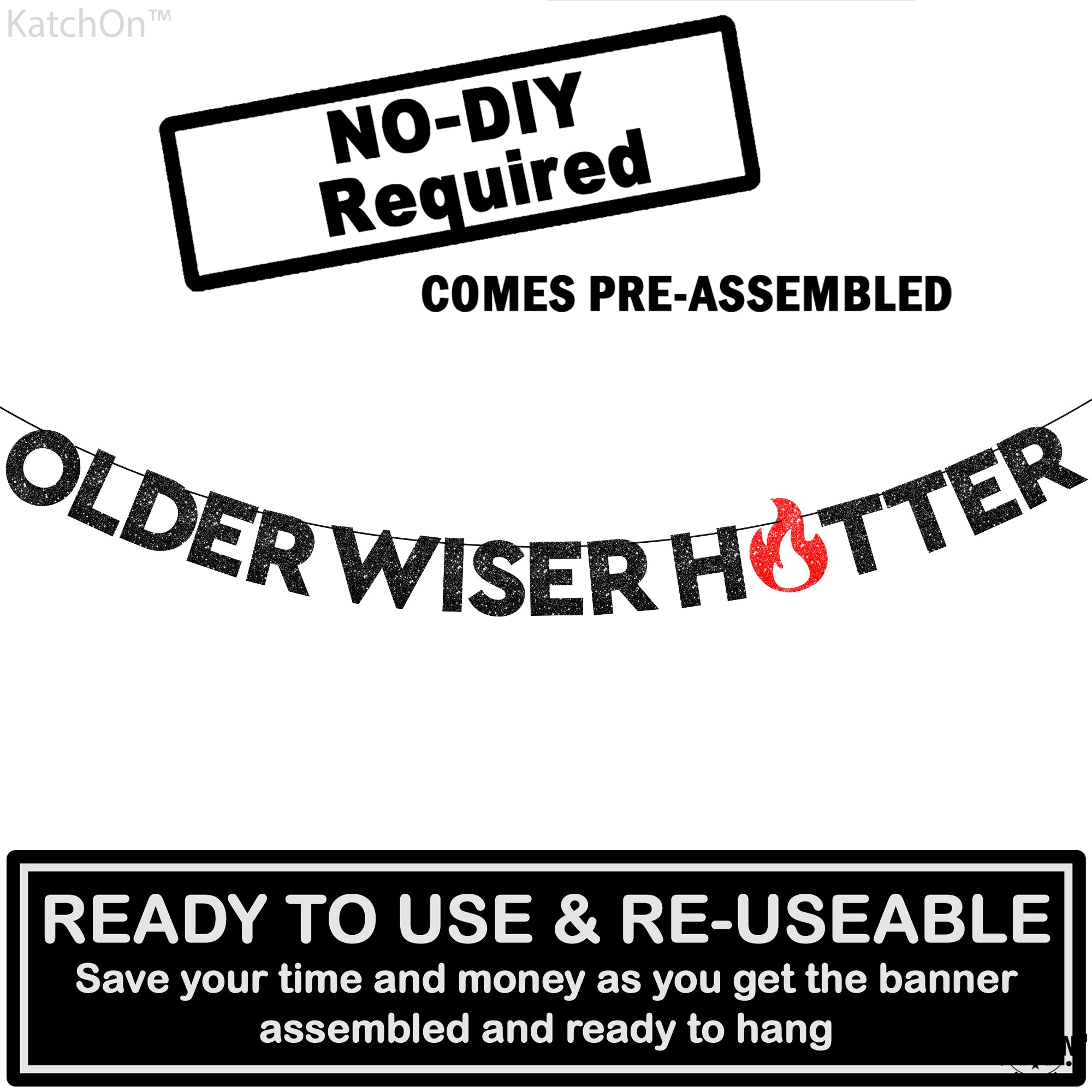 KatchOn Older Wiser Hotter Glitter Black Banner - 10 Feet, Reusable, Adult Birthday Decorations