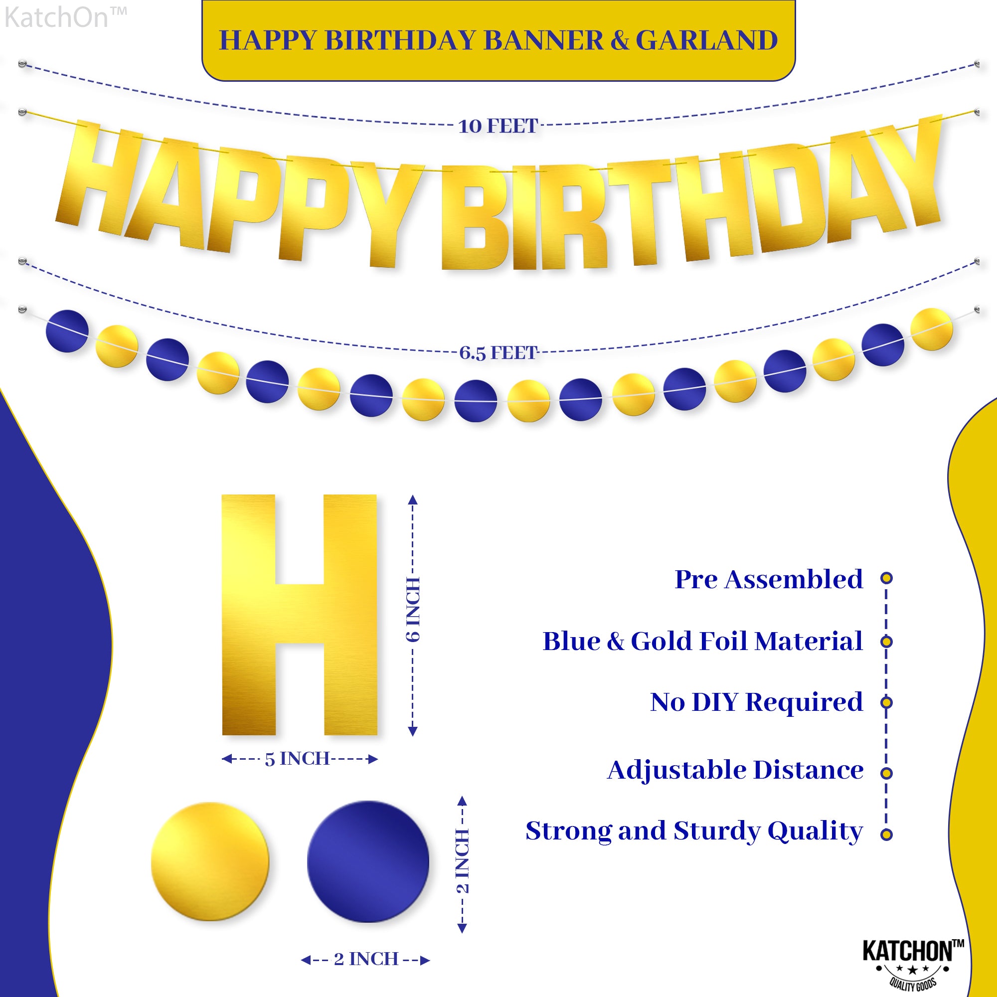 KatchOn, Blue and Gold Birthday Decorations Set - Pack of 47 | Happy Birthday Decorations for Men | Blue and Gold Party Decorations | Happy Birthday Banner | Happy Birthday Decorations Blue and Gold
