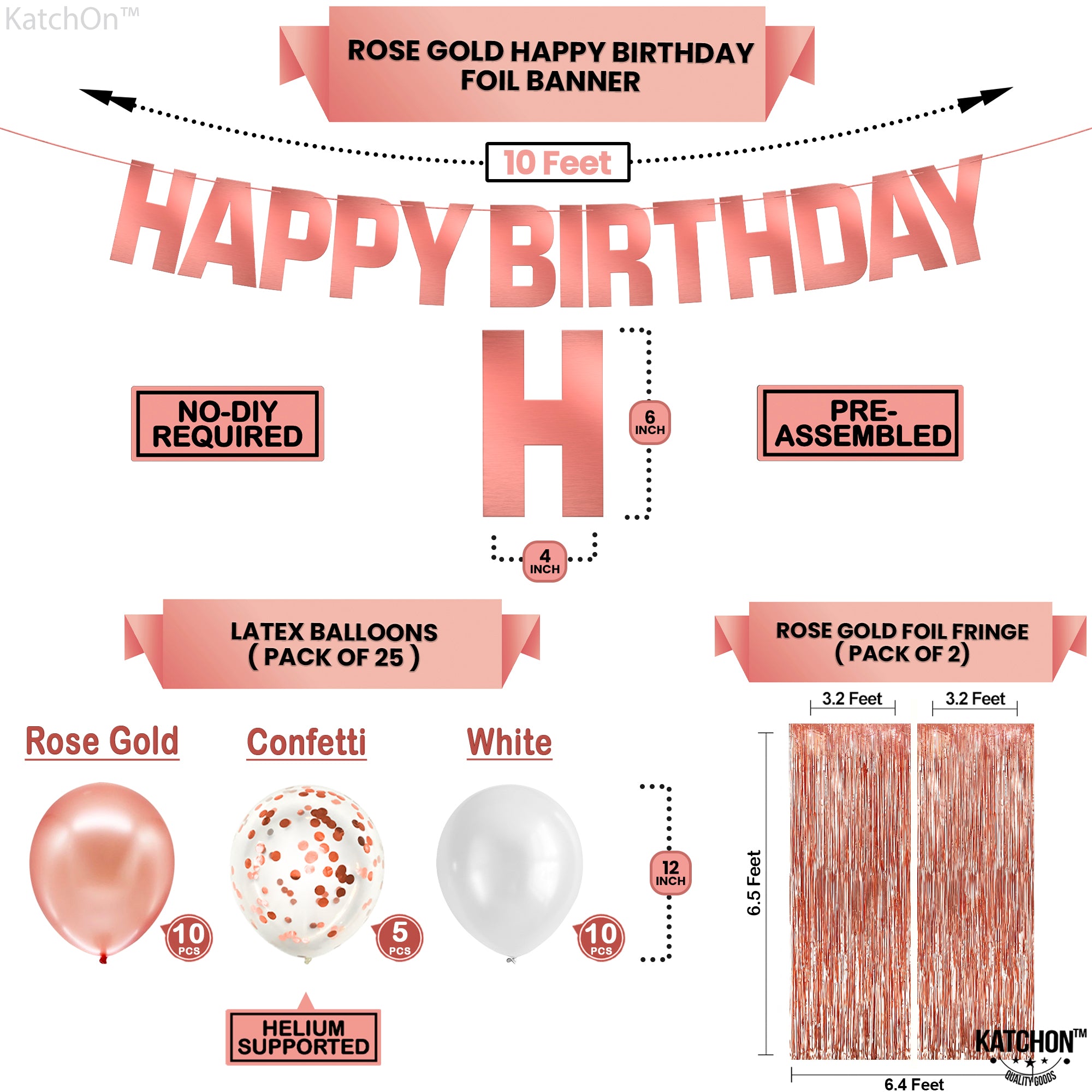 KatchOn, Rose Gold Birthday Decorations Set - Pack of 47 | Rose Gold Fringe Curtain, Happy Birthday Decorations Rose Gold Balloons | Happy Birthday Banner, Rose Gold Birthday Decorations for Women